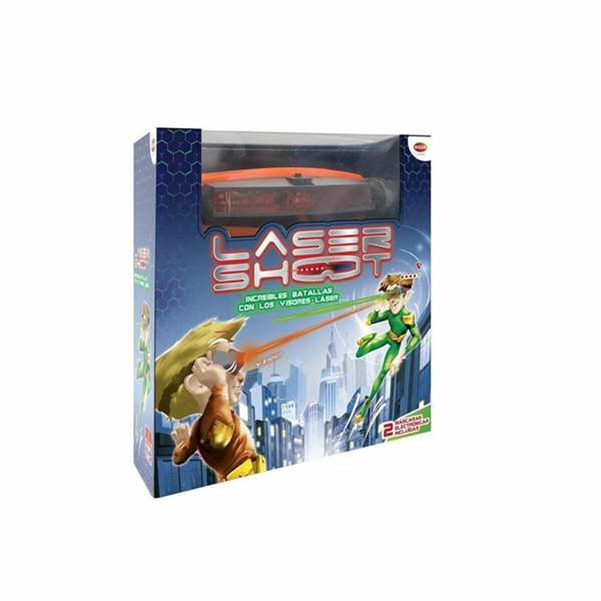 Paquete de juguete Laser Shot con dos figuras disparando rayos láser.