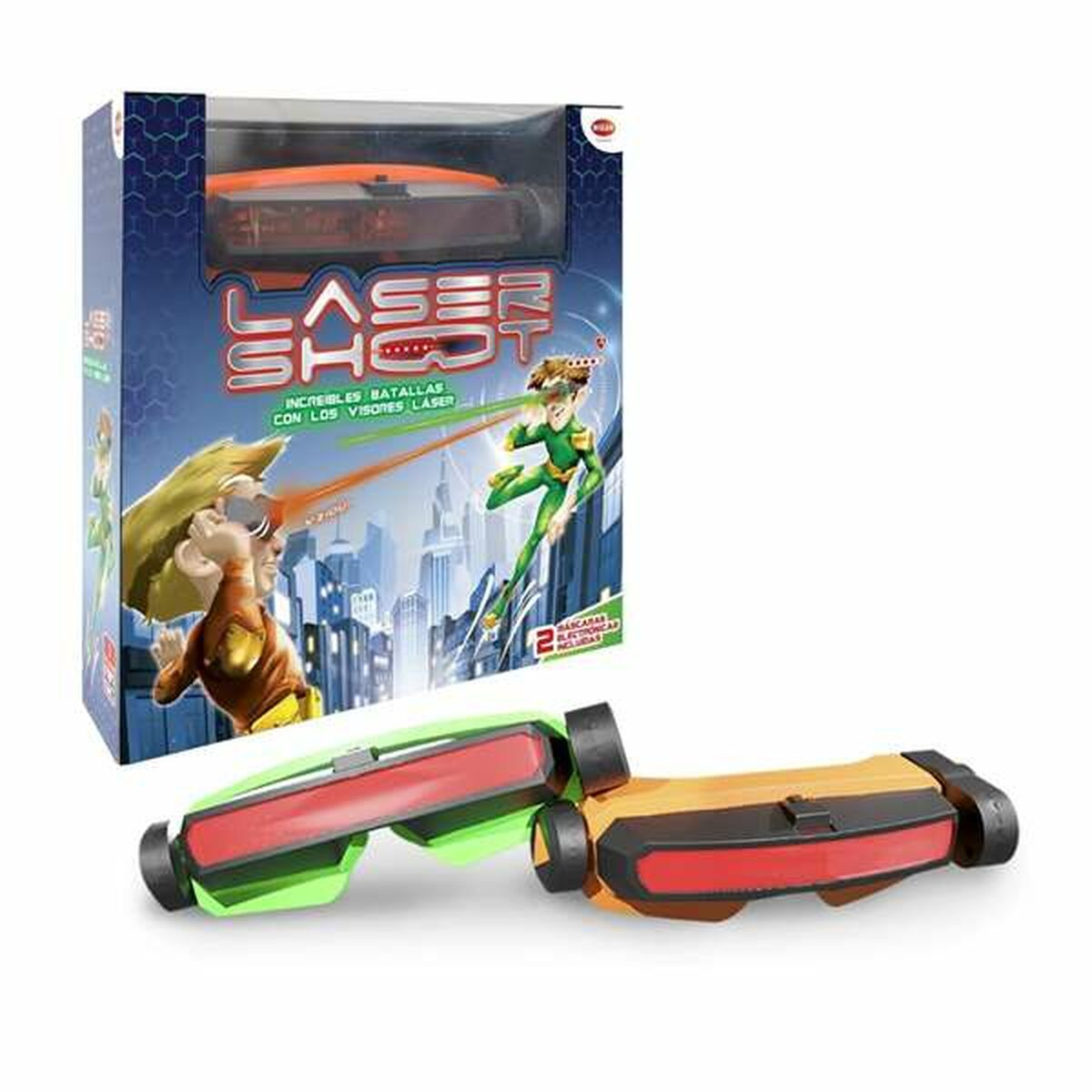 Juguete láser con caja y dos visores. Visor verde-rojo y naranja-rojo.