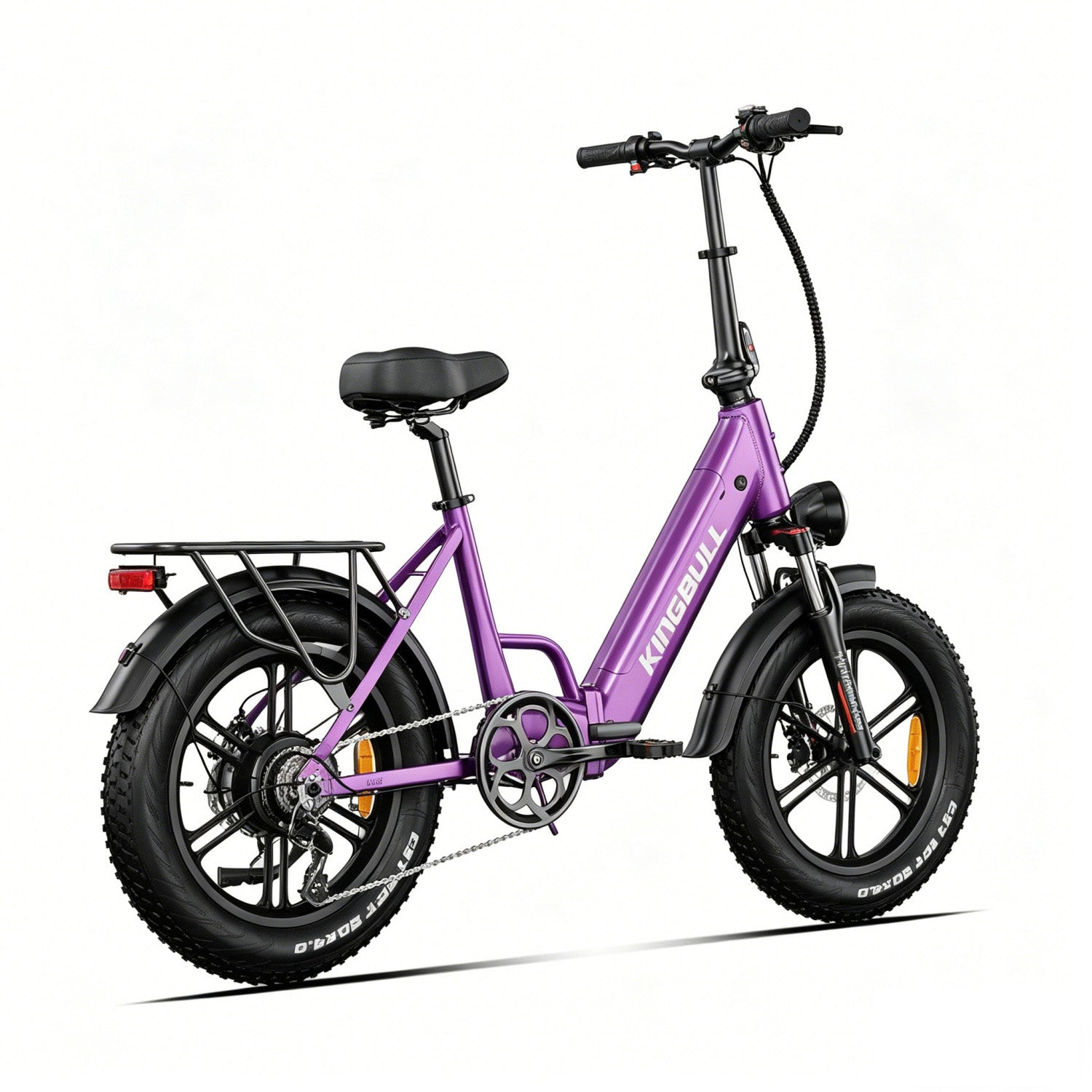 Lila faltbares E-Bike mit fetten Reifen, Gepäckträger und Scheinwerfer.