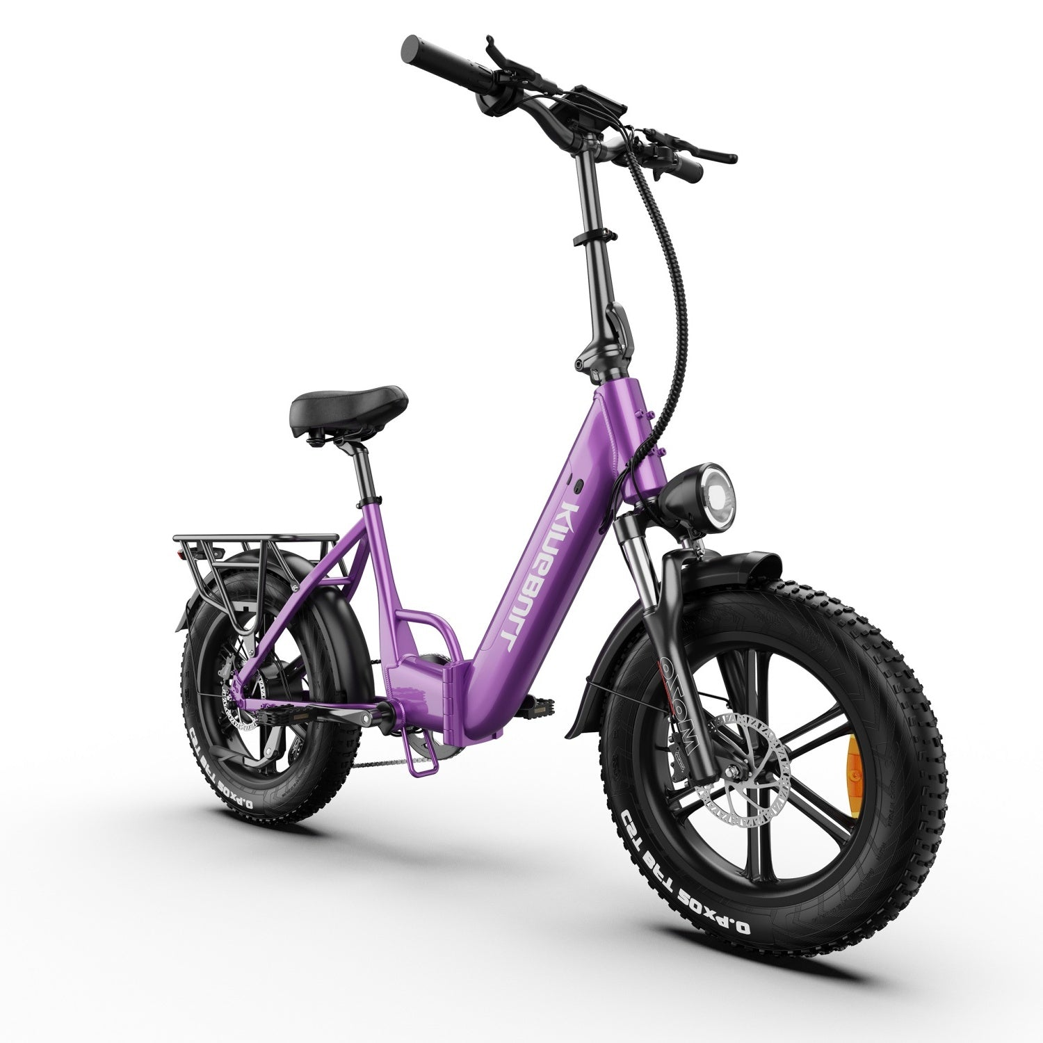 Lila faltbares E-Bike mit fetten Reifen, Gepäckträger und Scheinwerfer.