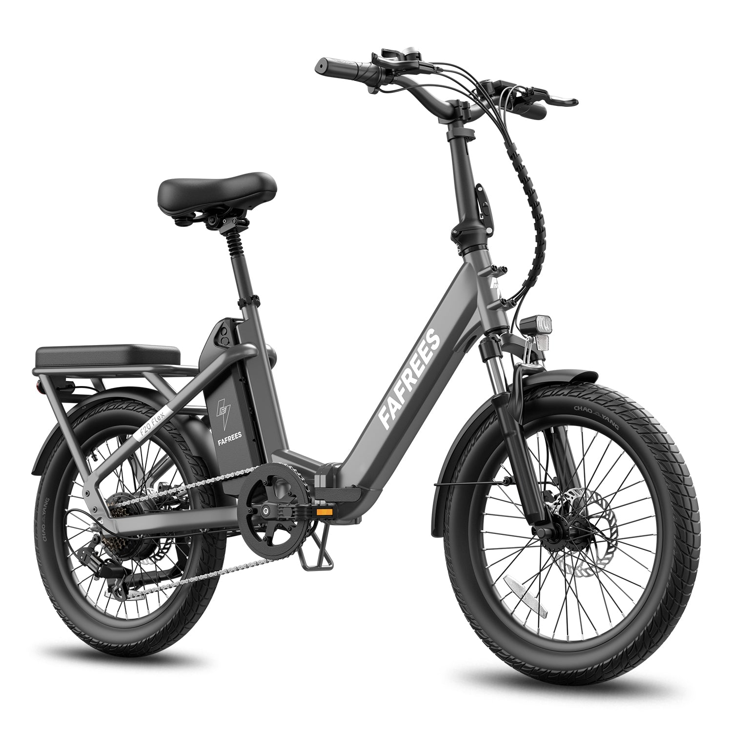 Ein faltbares graues Elektrofahrrad mit schwarzem Sattel und Reifen auf weißem Grund.