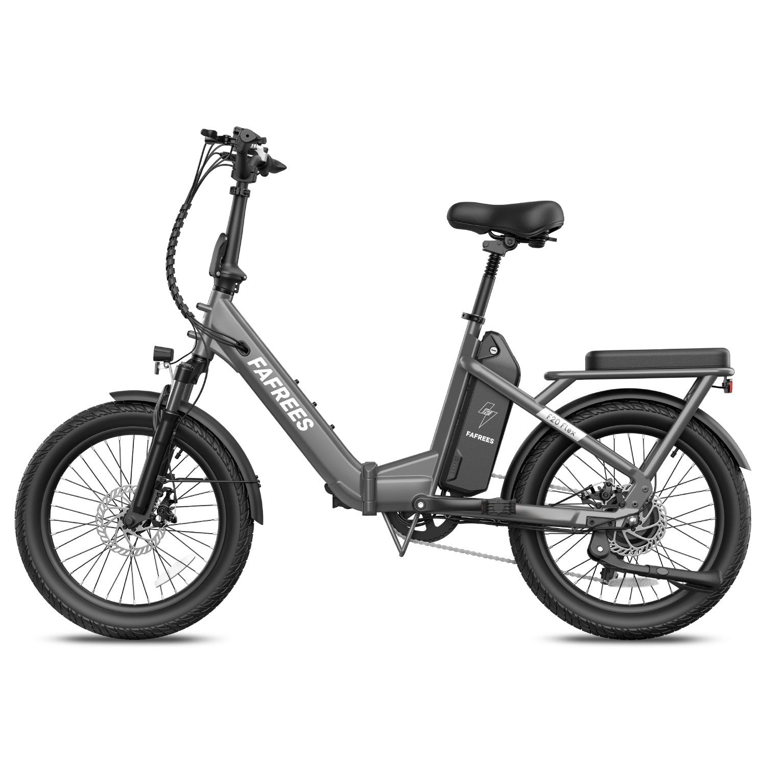 Ein graues Fafrees F20 Flex E-Bike mit schwarzem Sattel und Reifen auf weißem Grund.