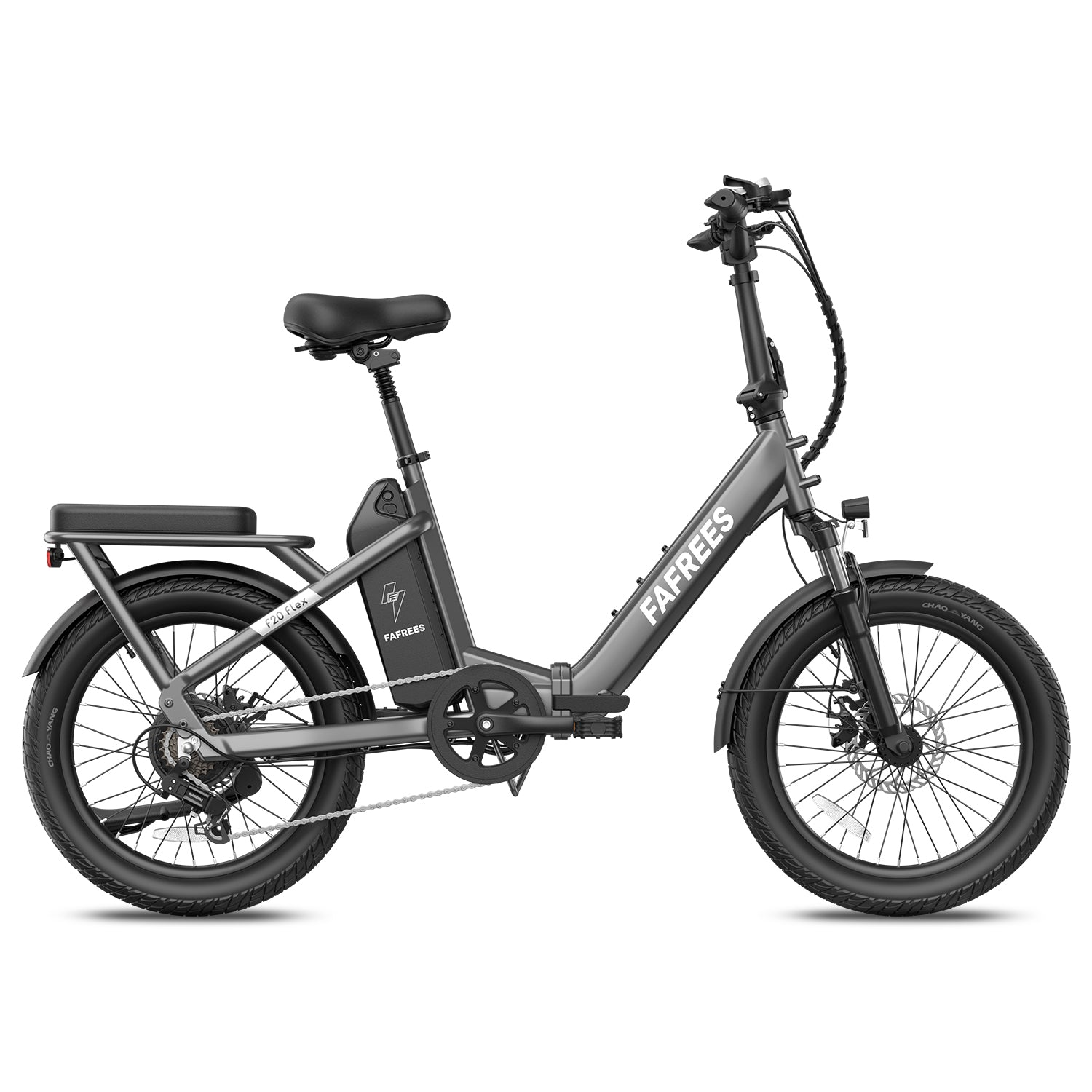 Ein graues Fafrees Elektrofahrrad mit schwarzem Sitz und Gepäckträger.