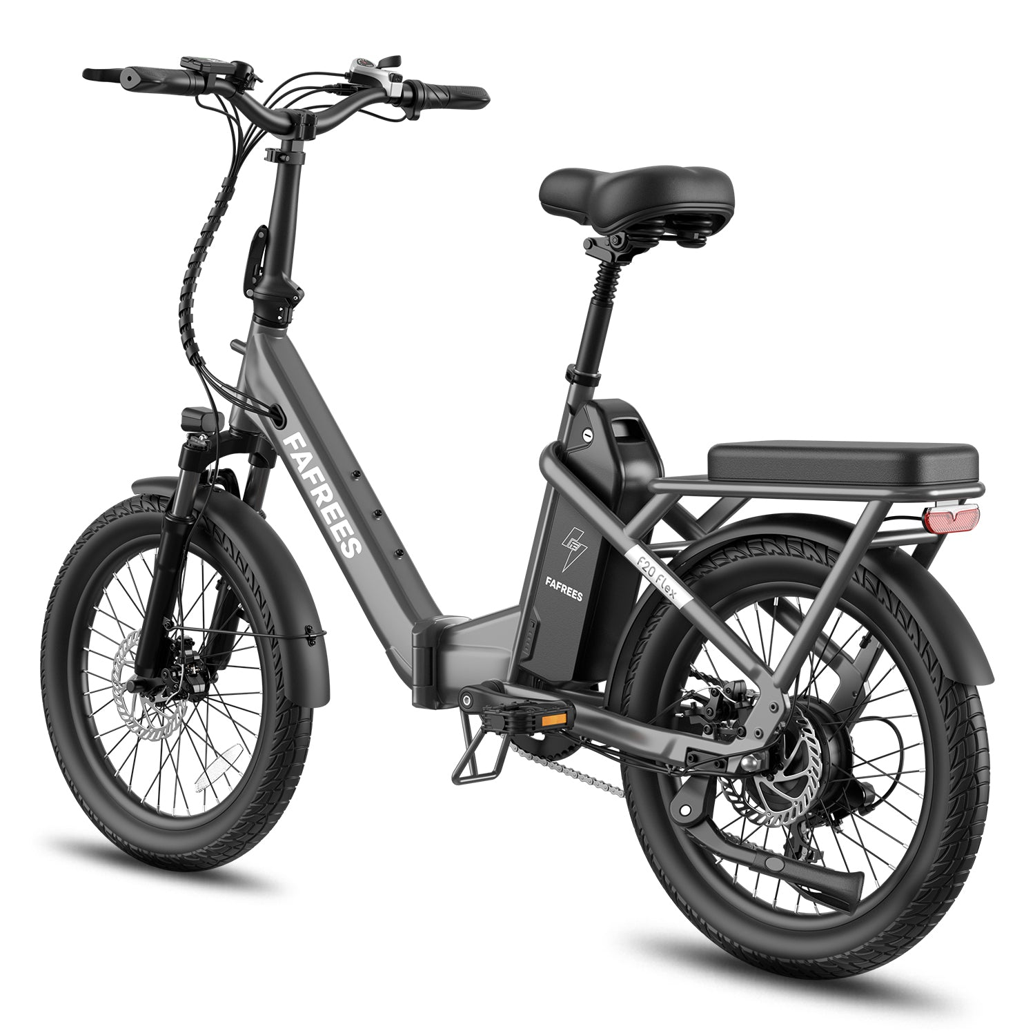 Ein graues Fafrees F20 Flex Elektrofahrrad mit dicken Reifen und Gepäckträger.