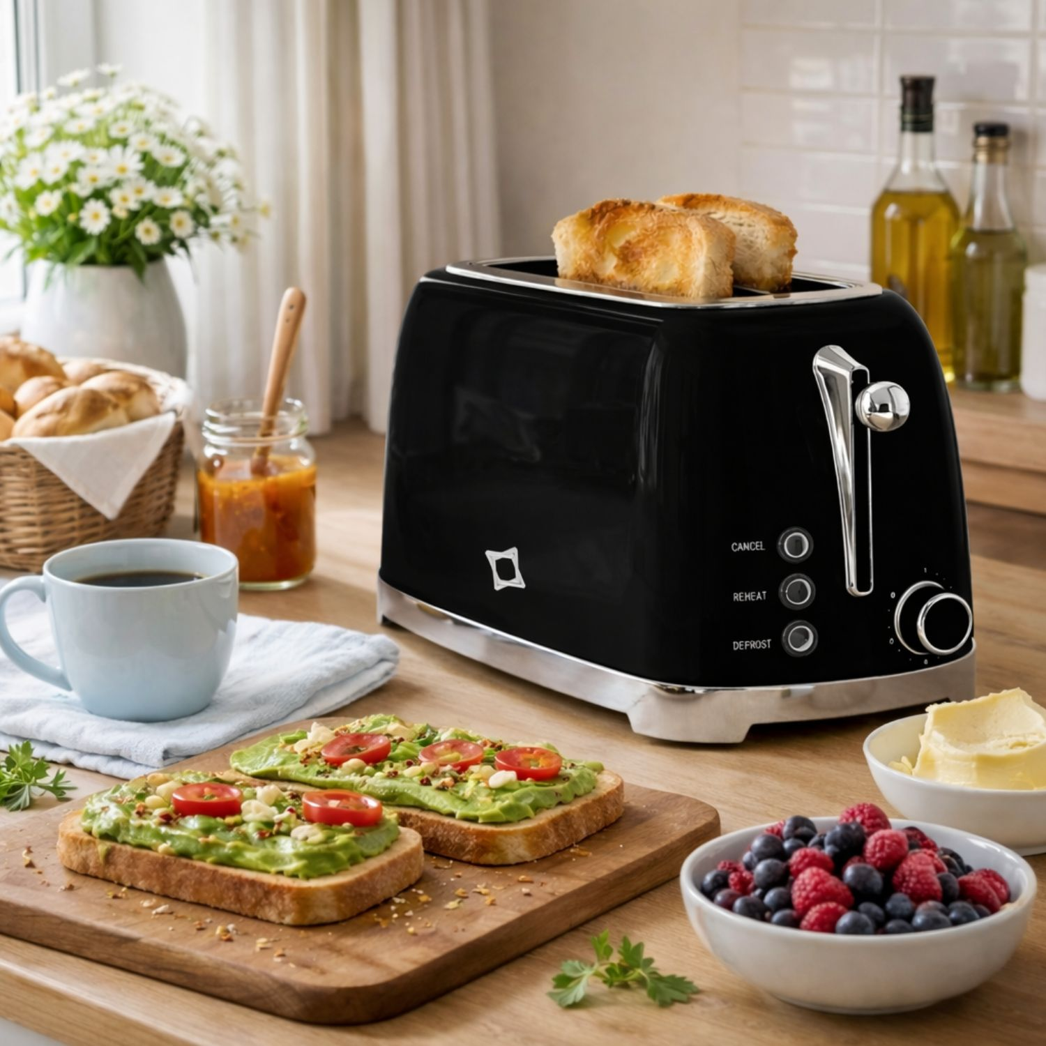 Tostapane nero con toast, toast di avocado, bacche e caffè su tavolo di legno.