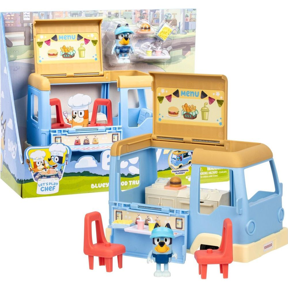 Juego de camión de comida Bluey con figuras, sillas y menú.