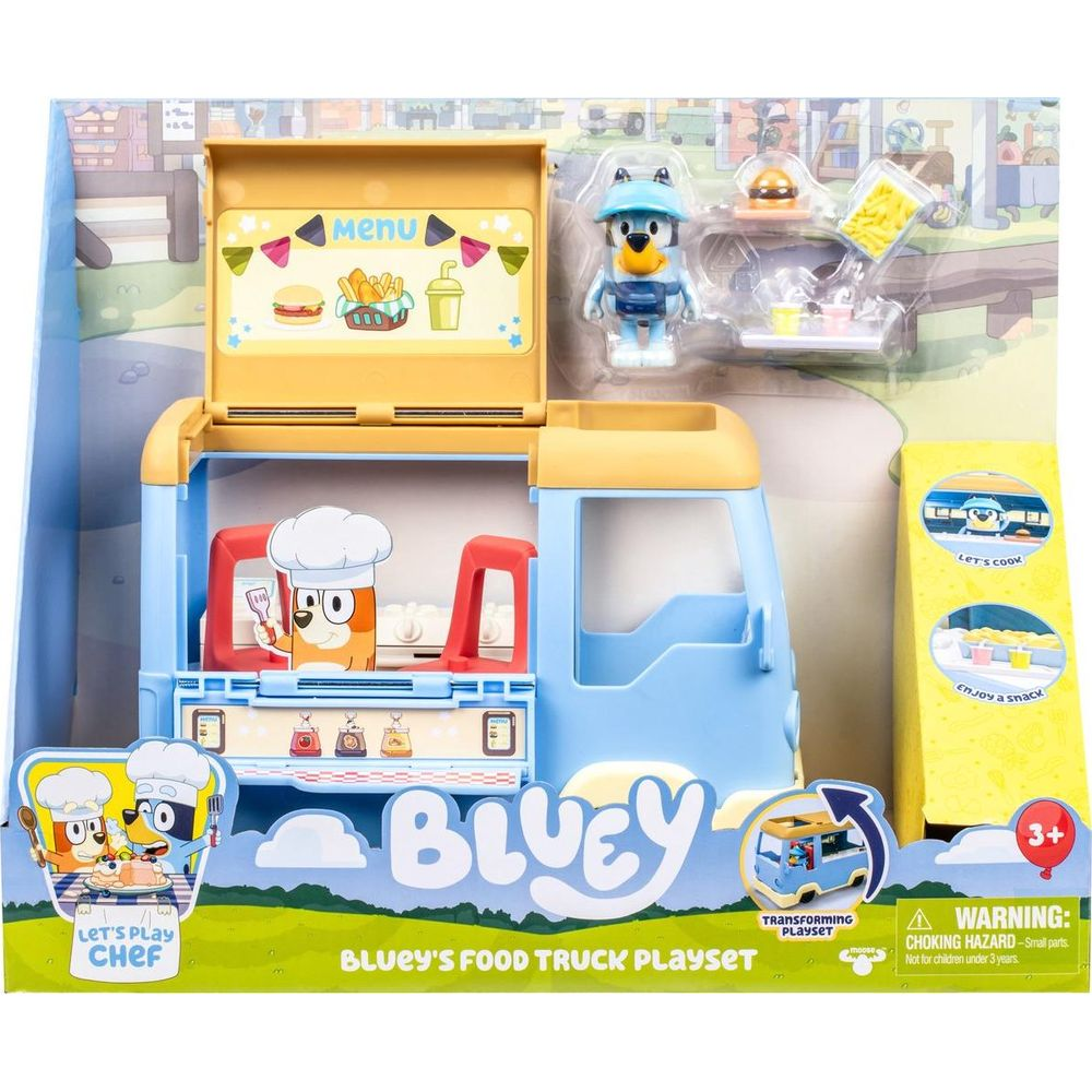 Camión de comida de juguete de Bluey con figuras y accesorios. Tablero de menú amarillo abatible.