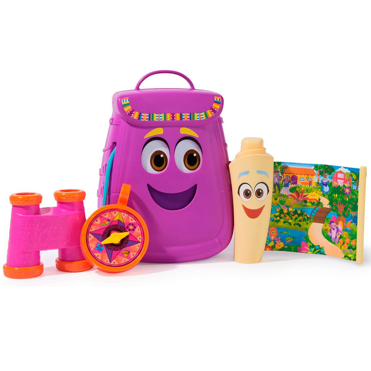 Una mochila morada con cara, binoculares, brújula y mapa.
