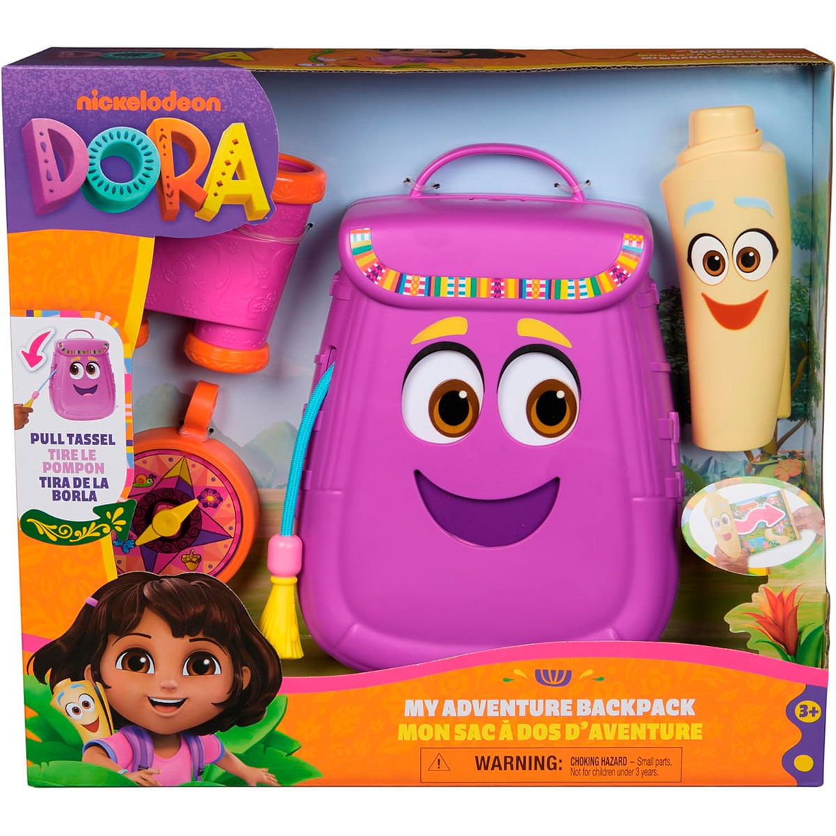 El juego de mochila morada de Dora con mapa y binoculares.