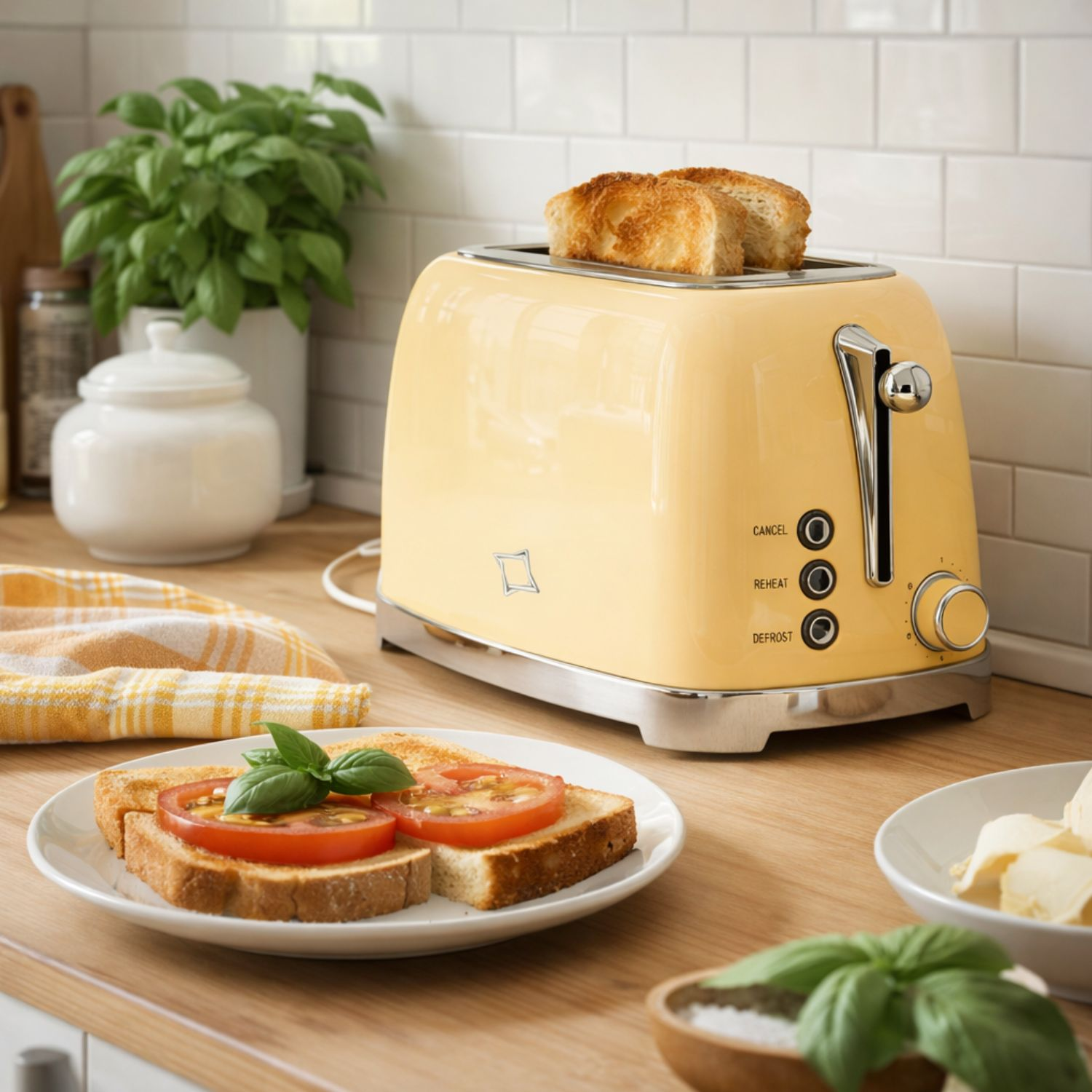 Un tostapane giallo con due fette di pane tostato, accanto a pane con pomodoro e basilico.