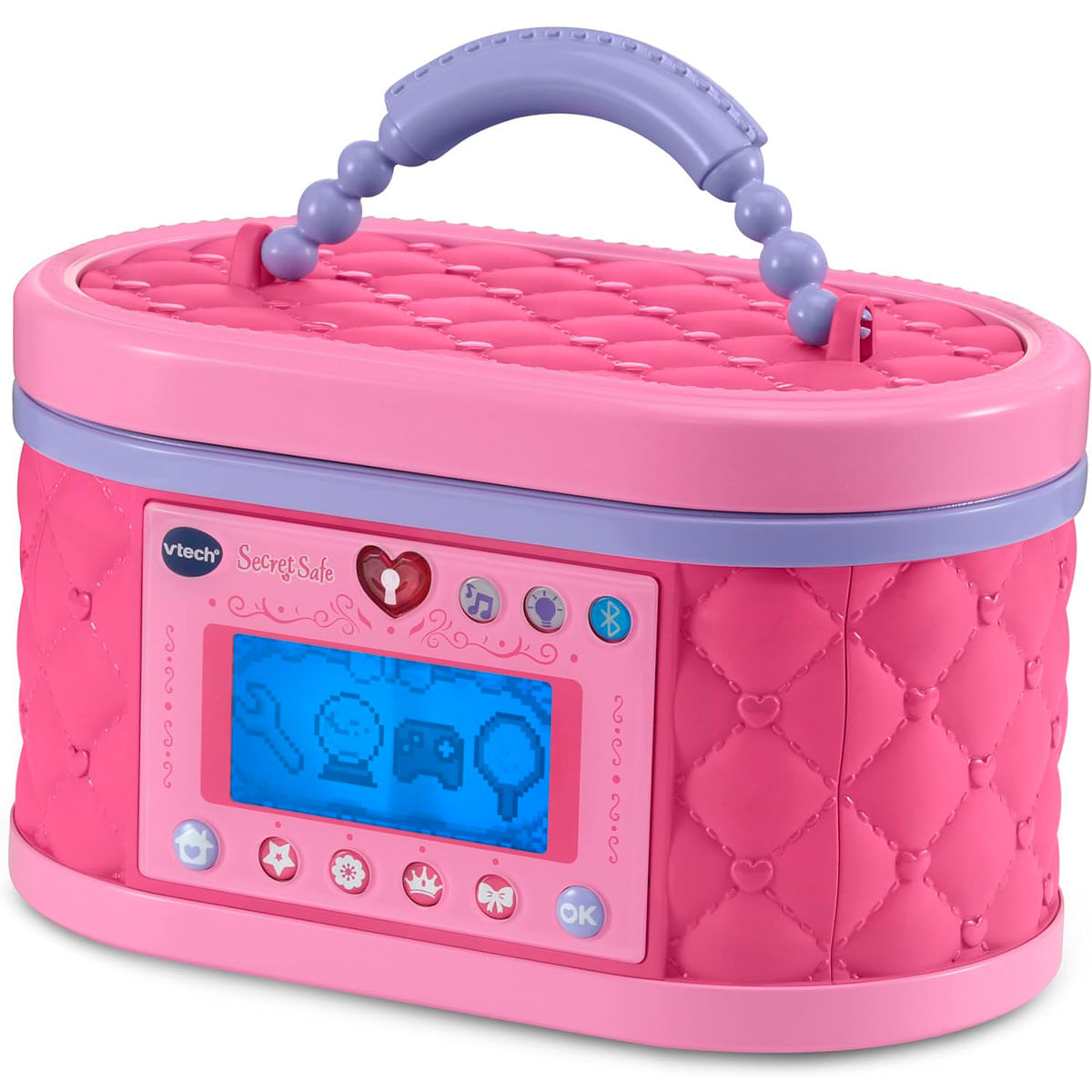 Una caja fuerte secreta VTech rosa con asa, pantalla y botones.