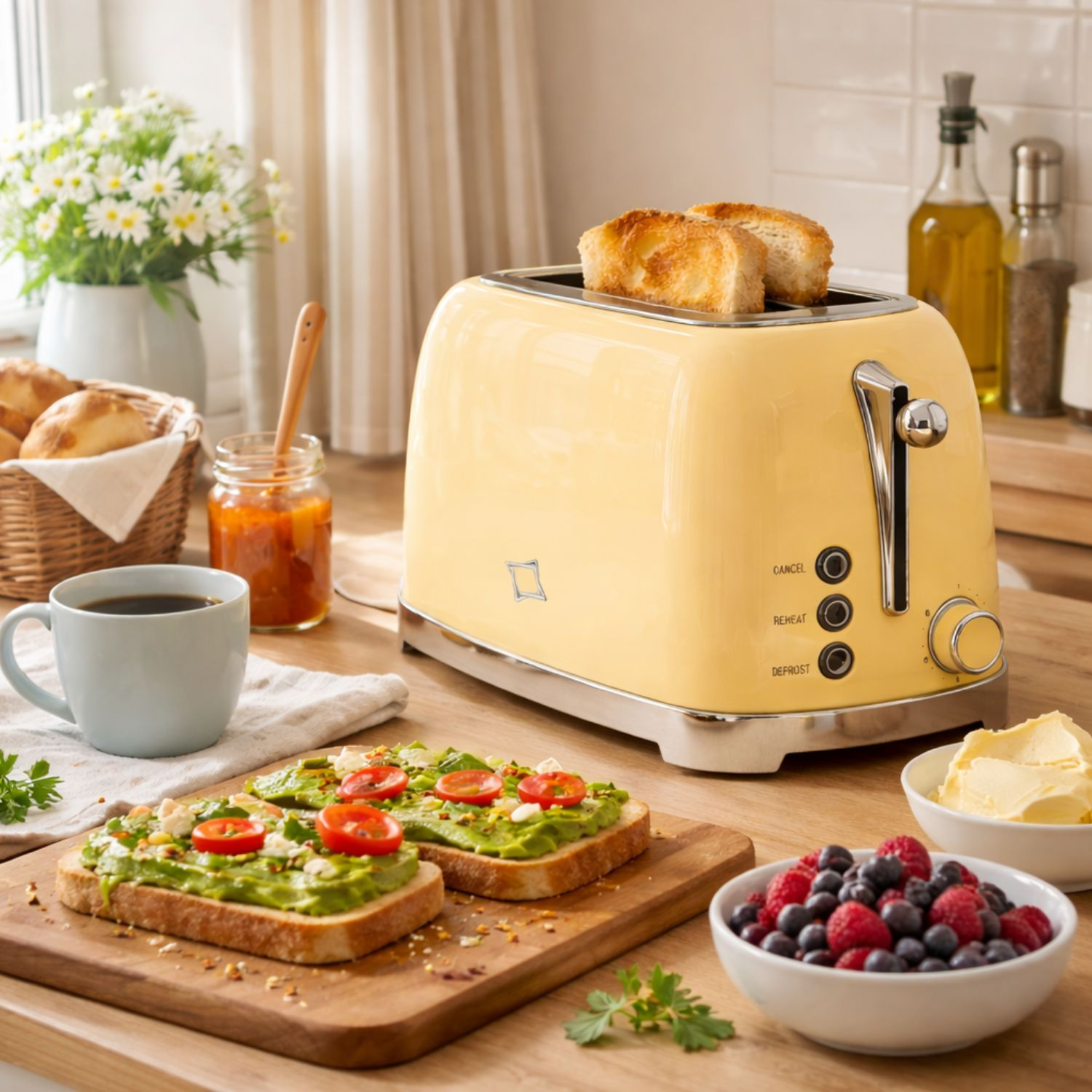 Un tostapane giallo con toast, toast all'avocado, bacche, caffè, marmellata e pane su un bancone di legno.