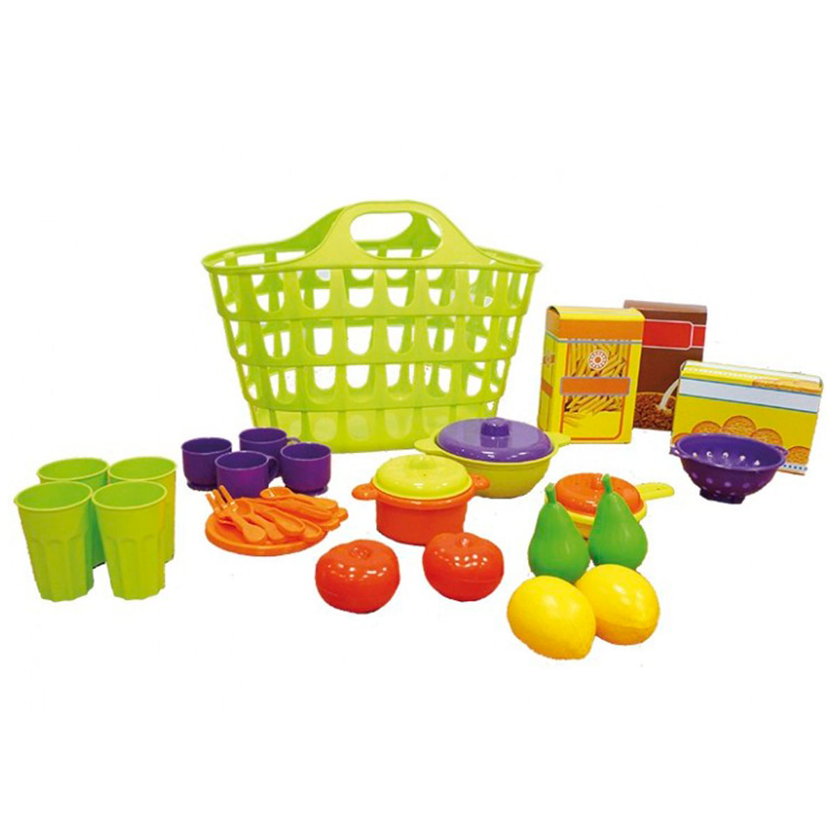 Utensilios de cocina de juguete verdes: ollas, platos, tazas, frutas y cestas.