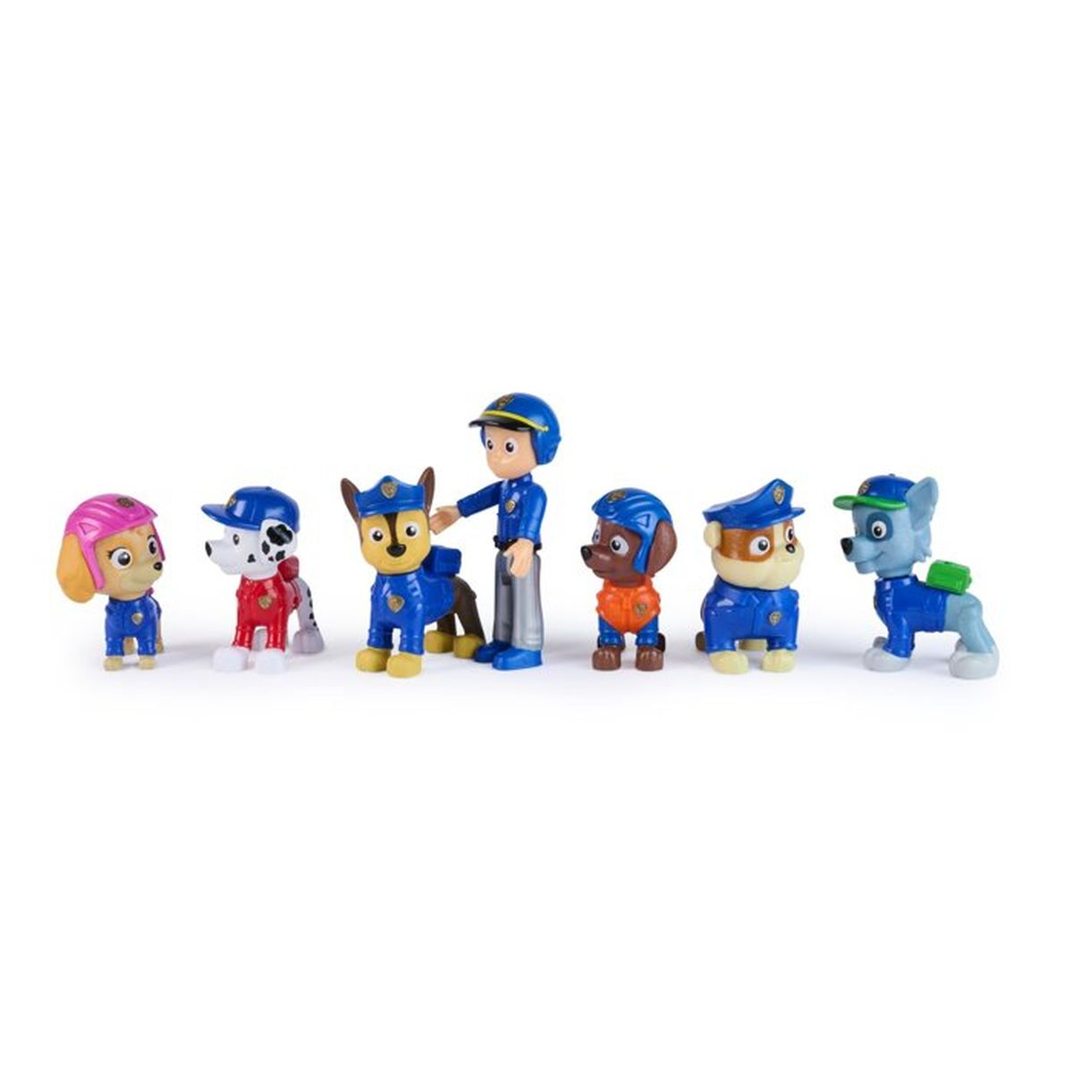 Seis figuras de Paw Patrol con uniformes azules y gorras de policía.