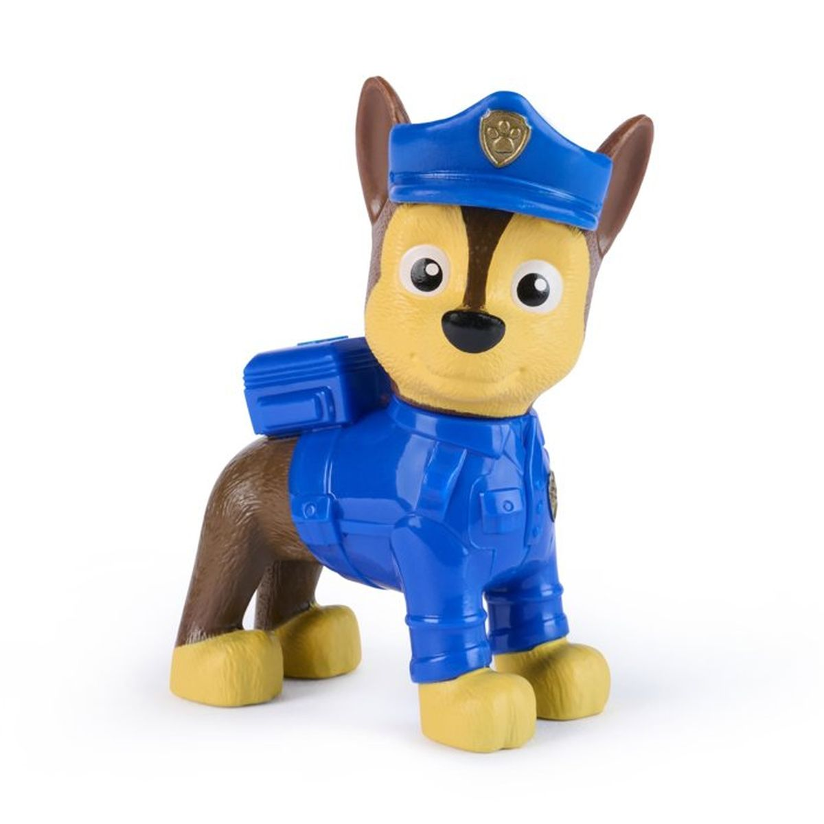 Chase, el perro policía de Paw Patrol, lleva su uniforme y gorra azules.