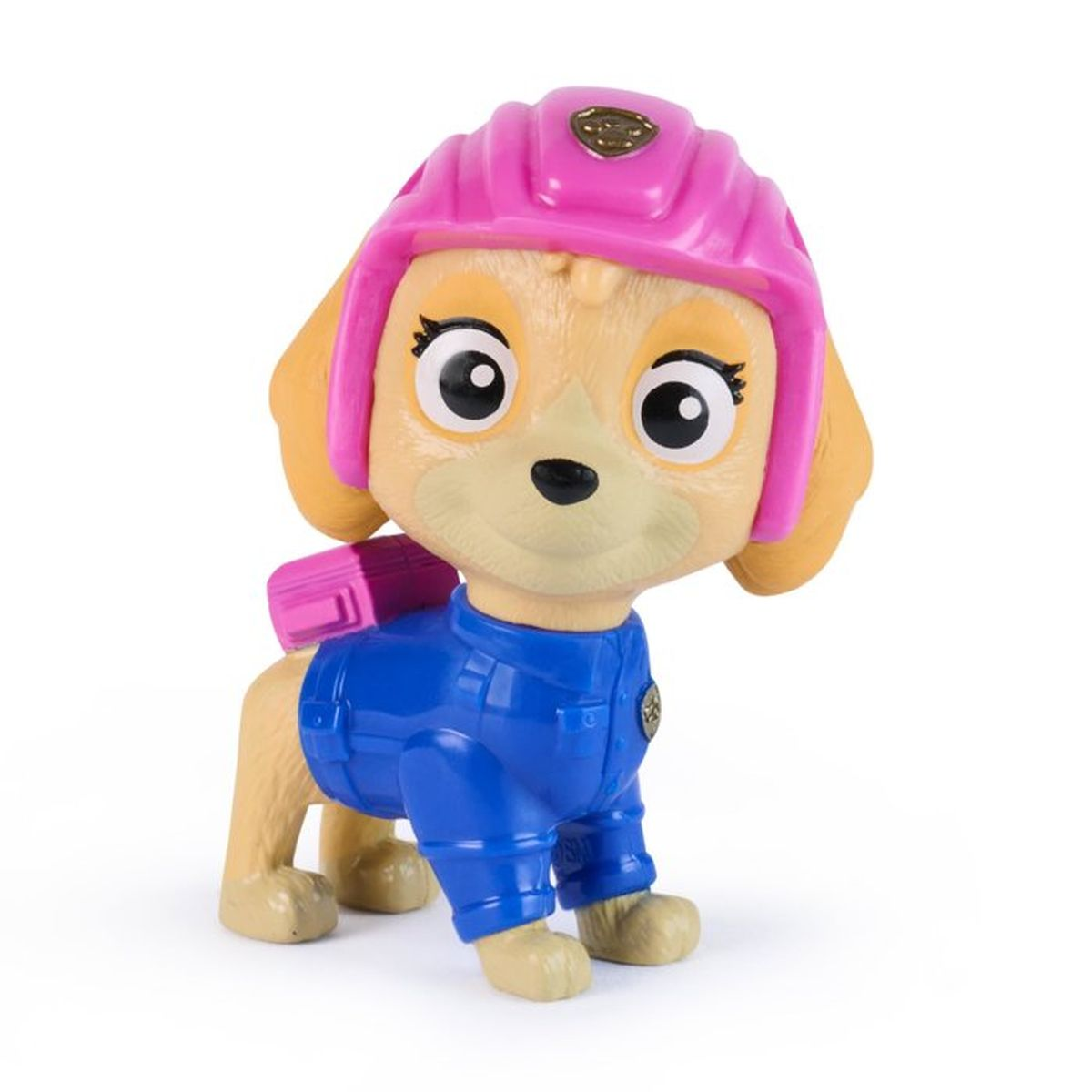 Figura de perro color canela con casco rosa y uniforme azul sobre fondo blanco.