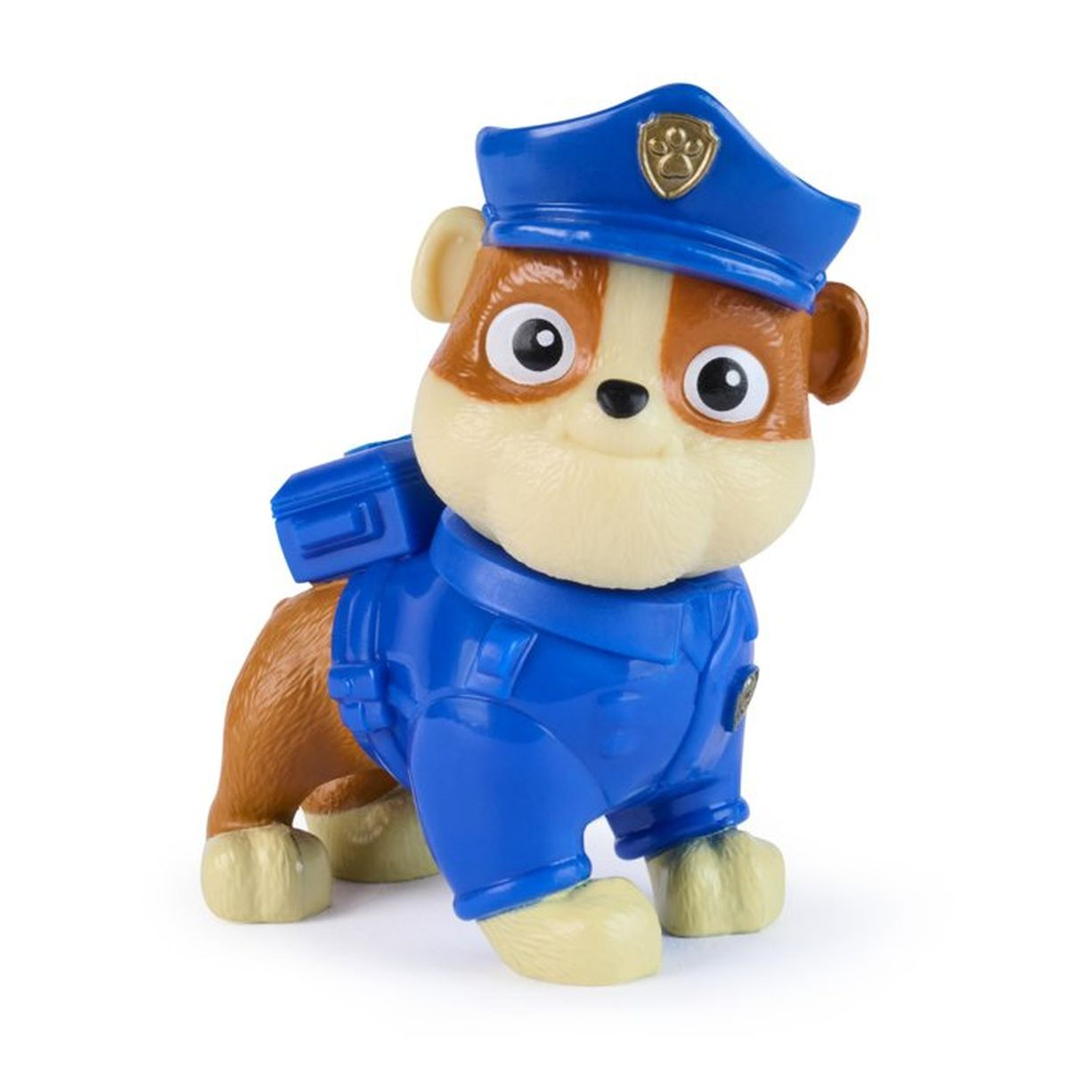 Un cachorro de juguete con uniforme de policía azul, sombrero y mochila.
