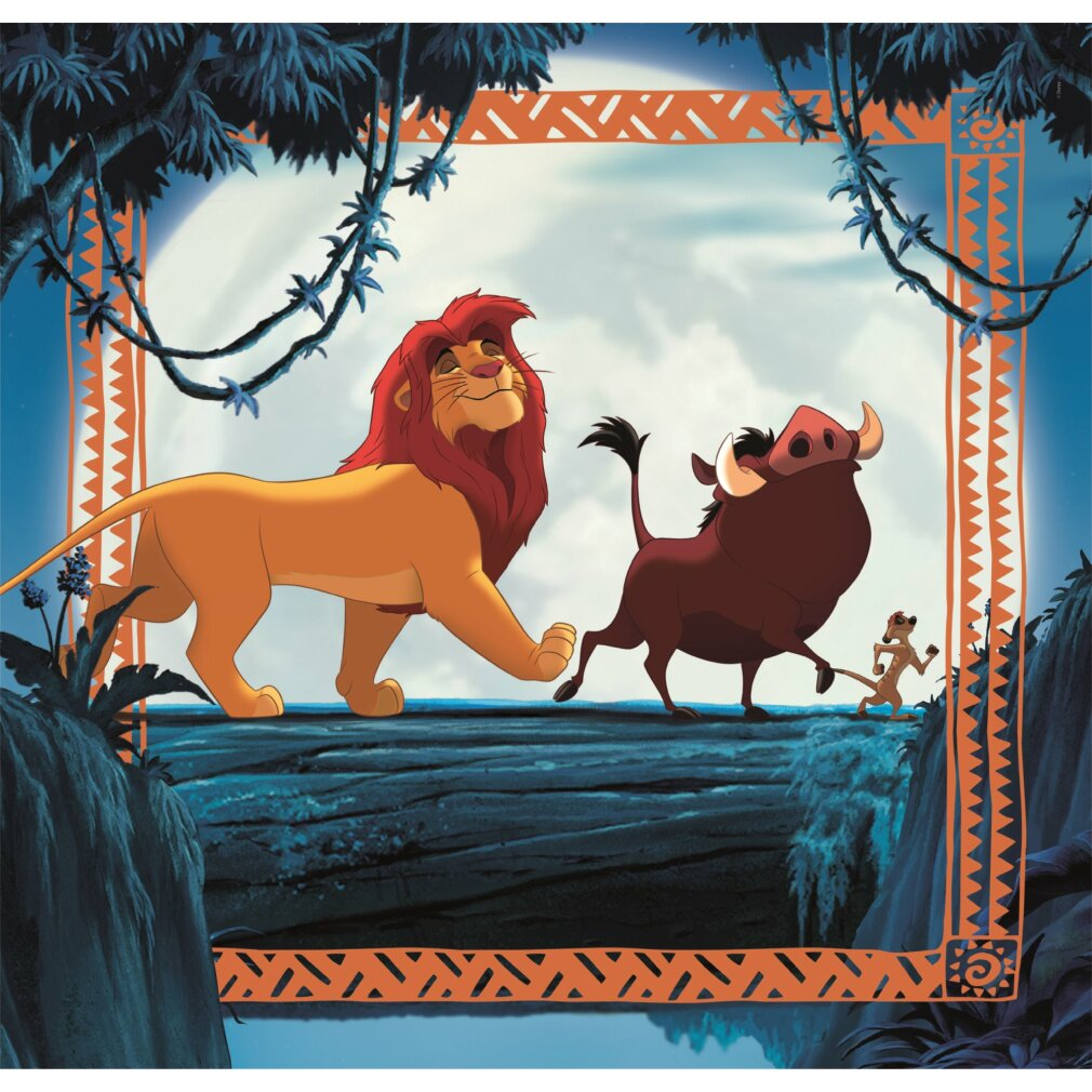 Simba, Pumbaa y Timon caminan sobre un tronco a la luz de la luna.
