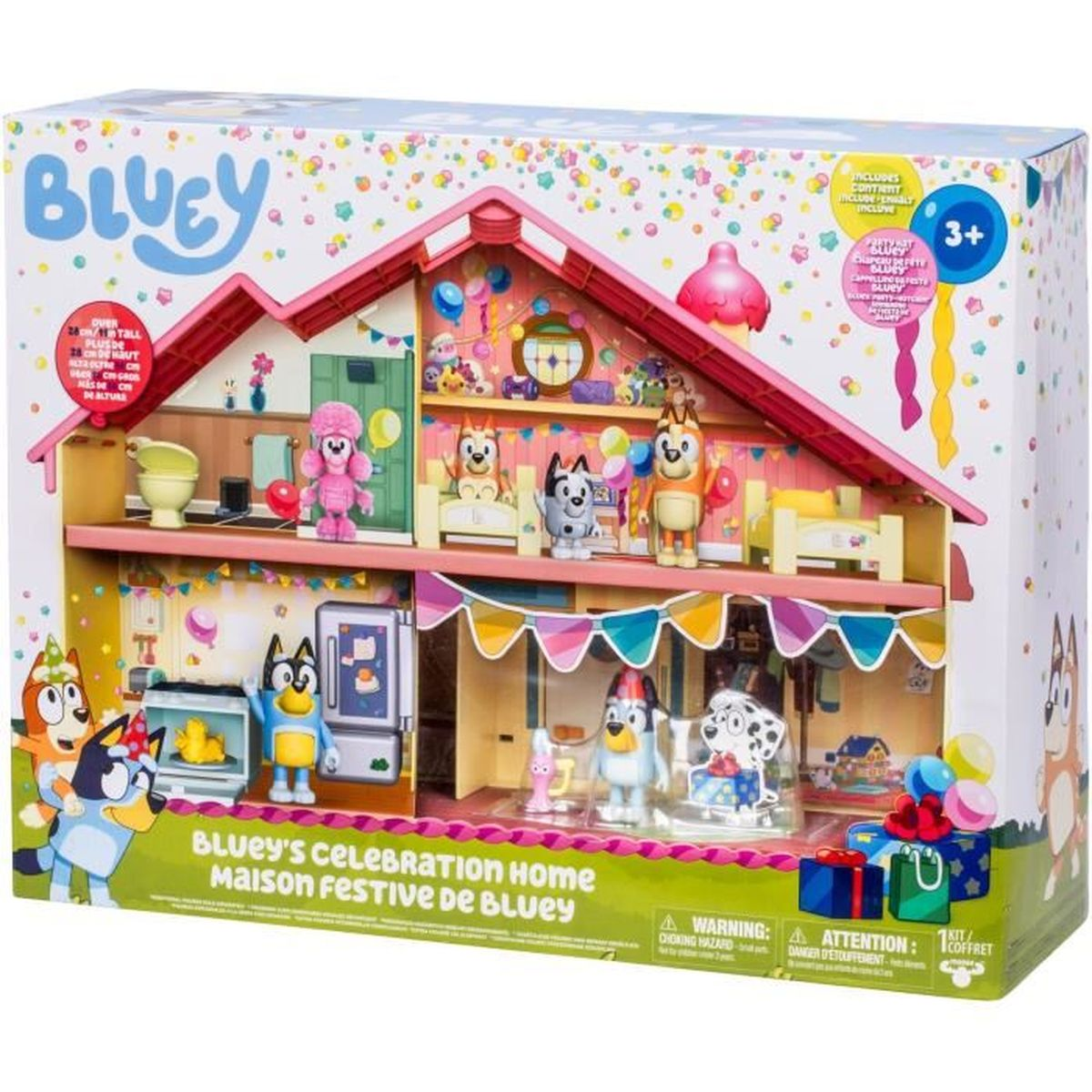 Juguete Casa de Celebración de Bluey con figuras y accesorios, en caja colorida.
