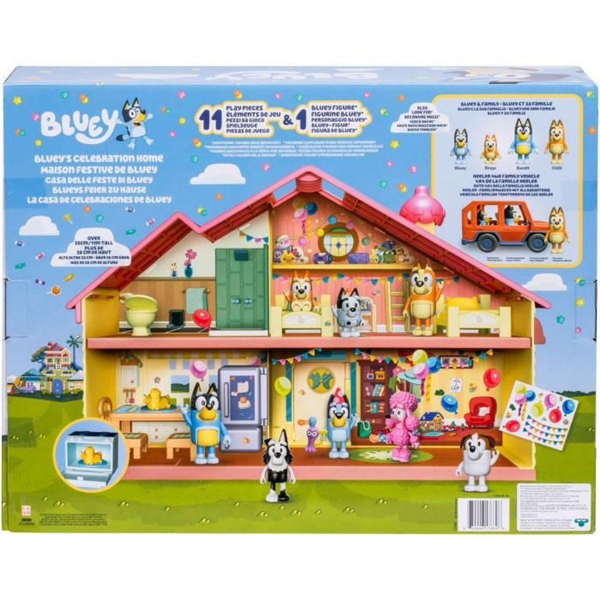Casa de celebración de Bluey con figuras y accesorios, caja colorida.