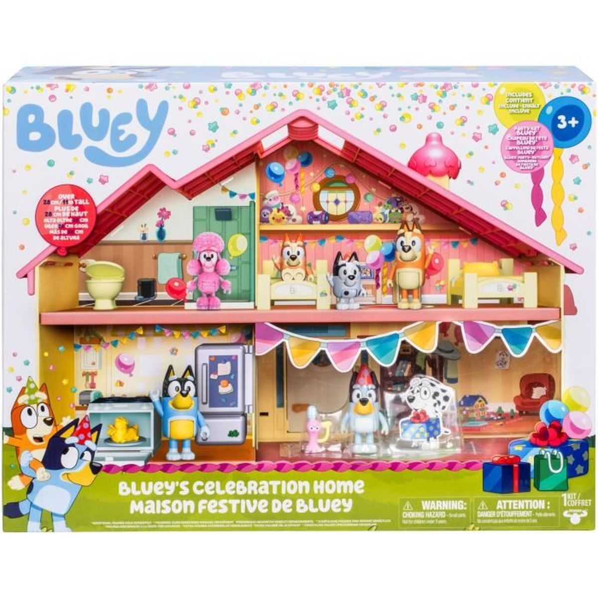 Casa de celebración de Bluey, juguete con figuras y muebles, caja colorida con confeti.