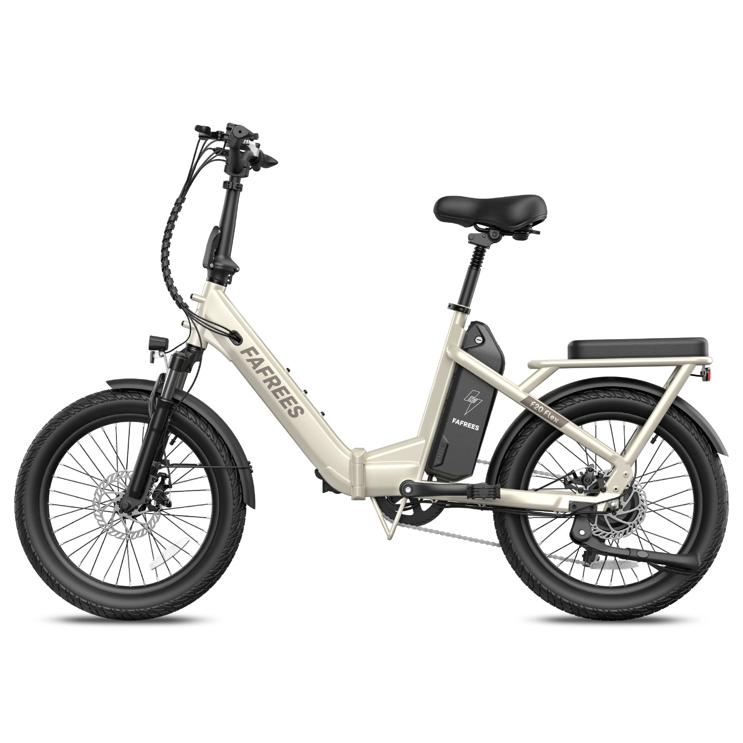 Ein cremefarbenes Fafrees F20 Flex E-Bike mit schwarzen Reifen, Sitz und Schutzblechen.