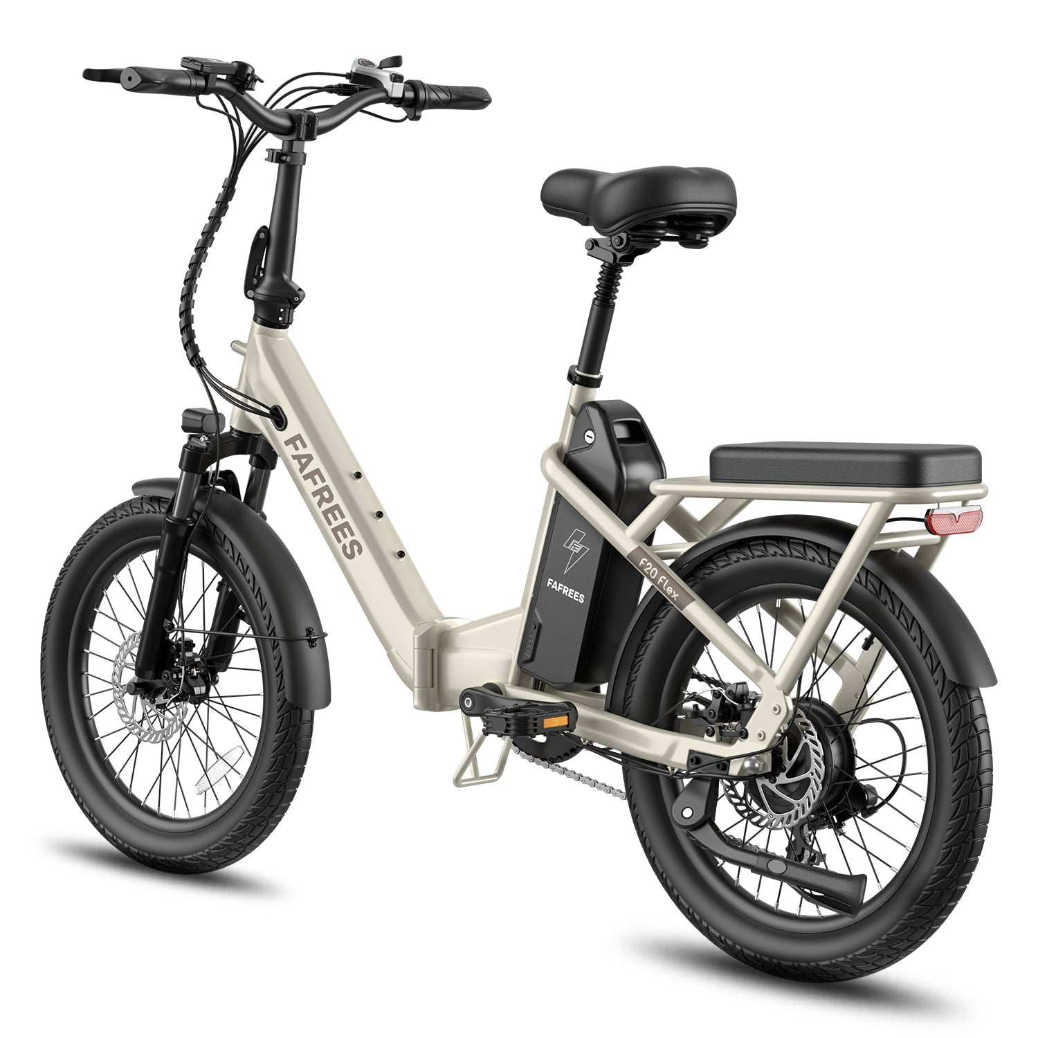 Ein cremefarbenes E-Bike mit schwarzem Sattel und Gepäckträger, weißen Felgen und schwarzer Bereifung.