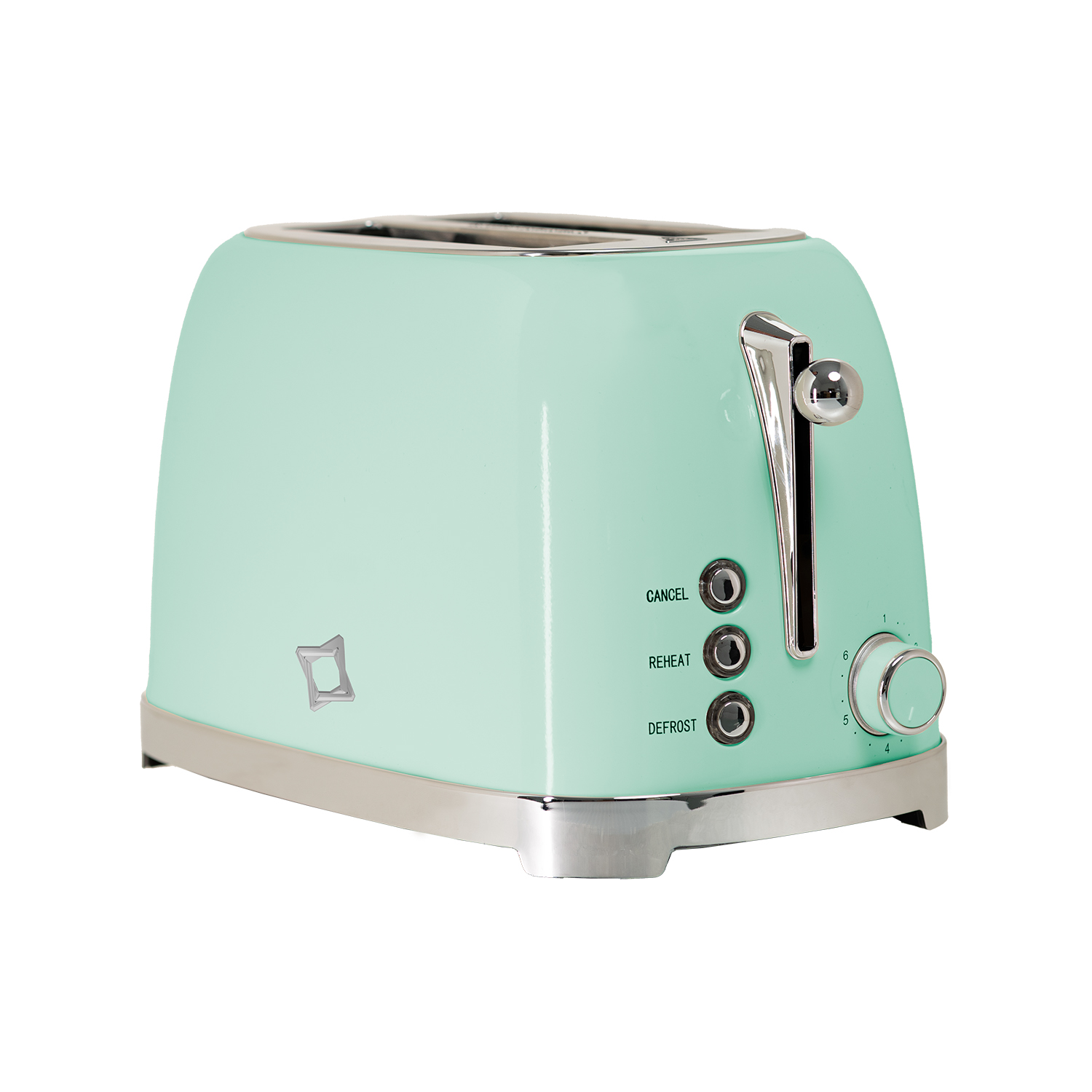 Un tostapane bicolore verde menta stile retrò con accenti cromati e controlli.