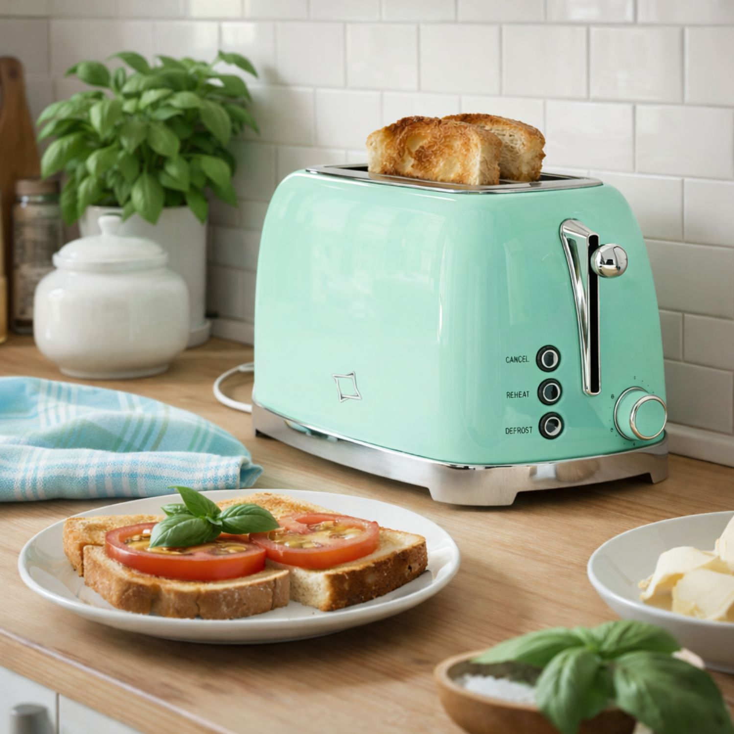 Un tostapane verde menta con toast e pane al pomodoro su un bancone.