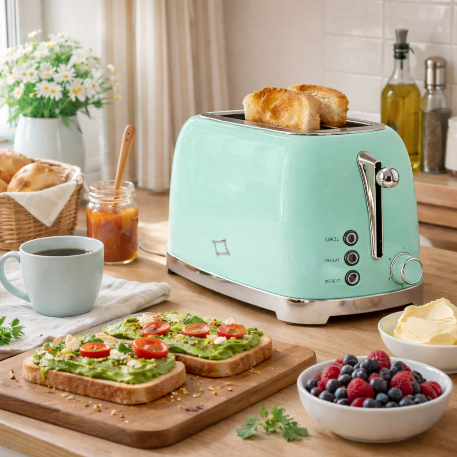 Un tostapane verde menta con toast, toast all'avocado, bacche e caffè su tavolo.
