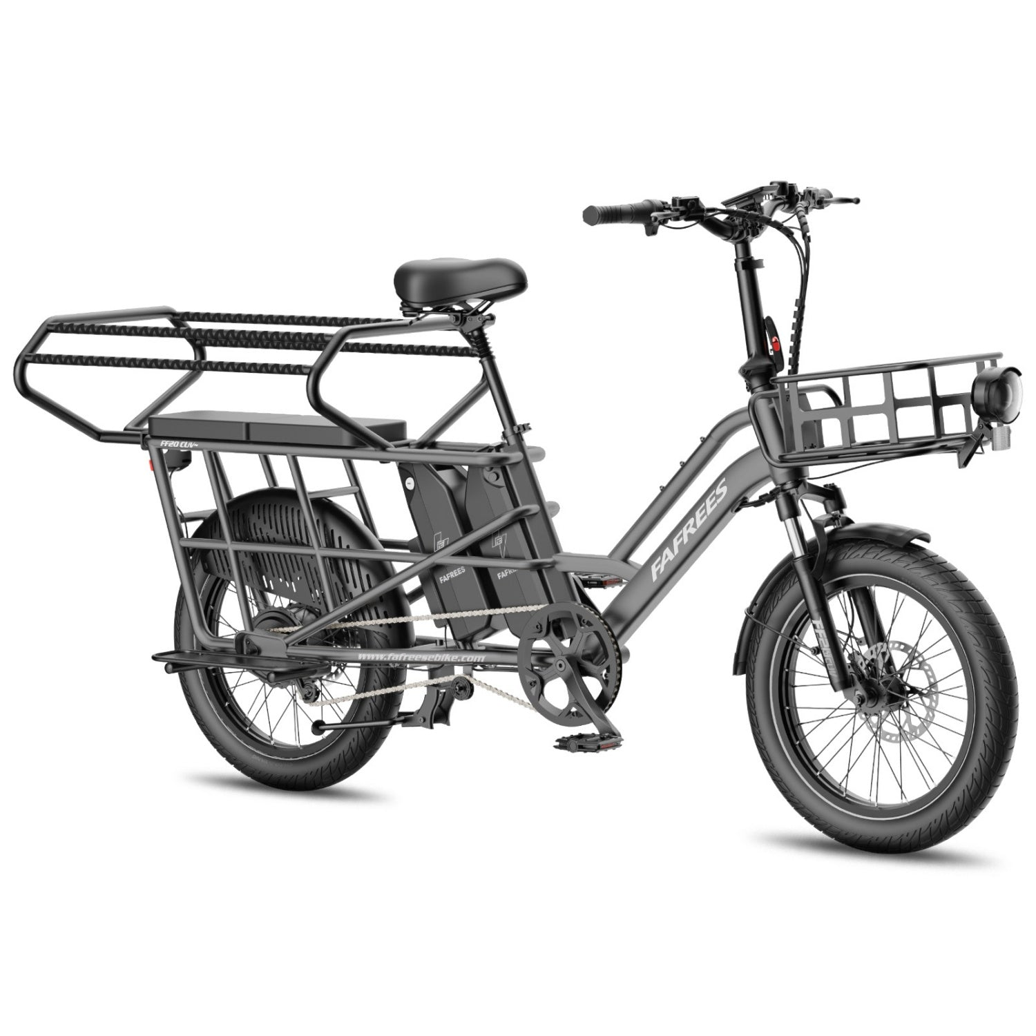 Graues Lastenrad mit Gepäckträger vorne und hinten, Akku und breiten Reifen.