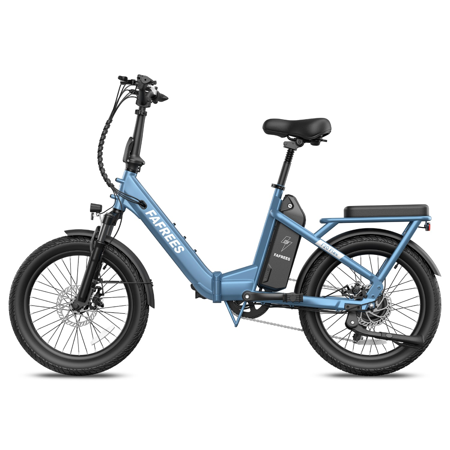 Ein blaues Falt-Elektrofahrrad mit breiten Reifen und Gepäckträger.