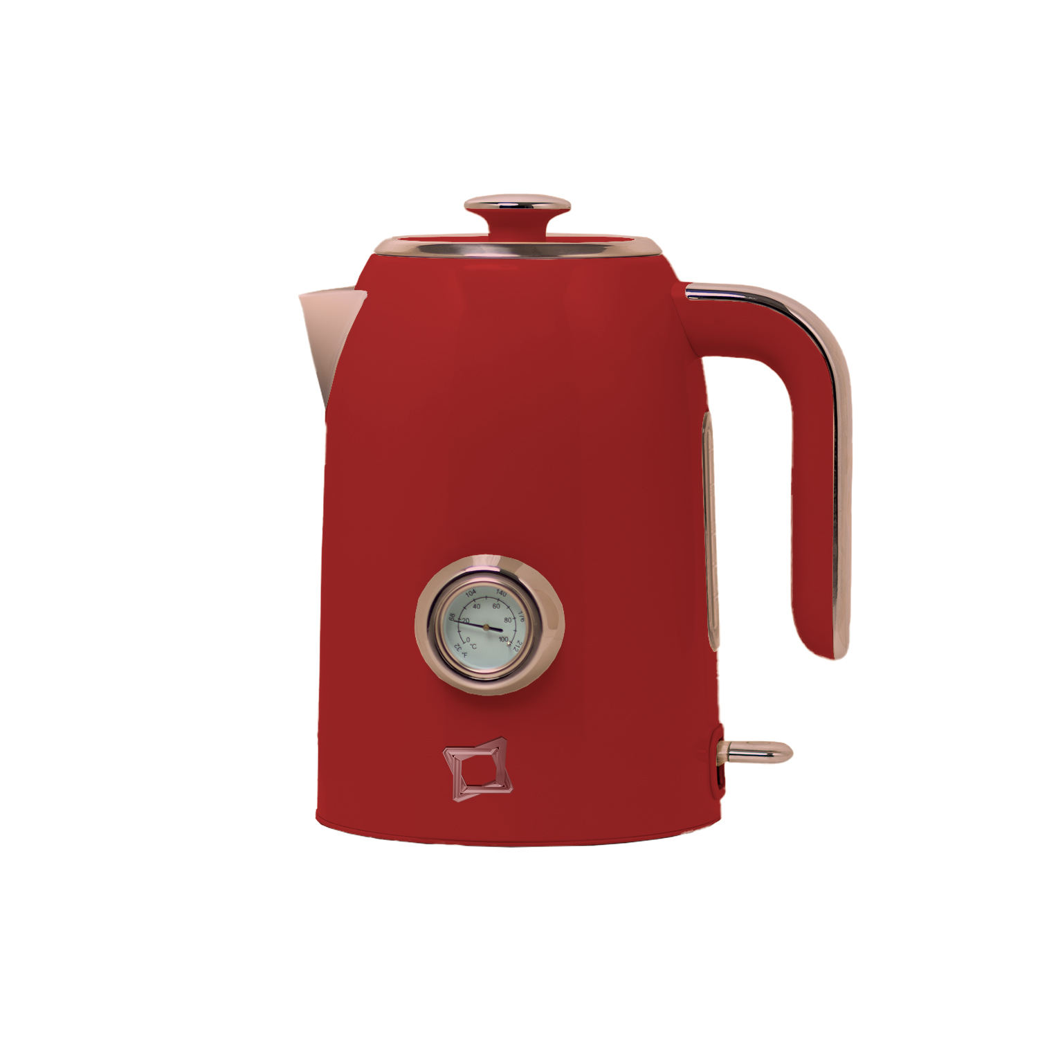 Un bollitore rosso con accenti argentati e un termometro incorporato.
