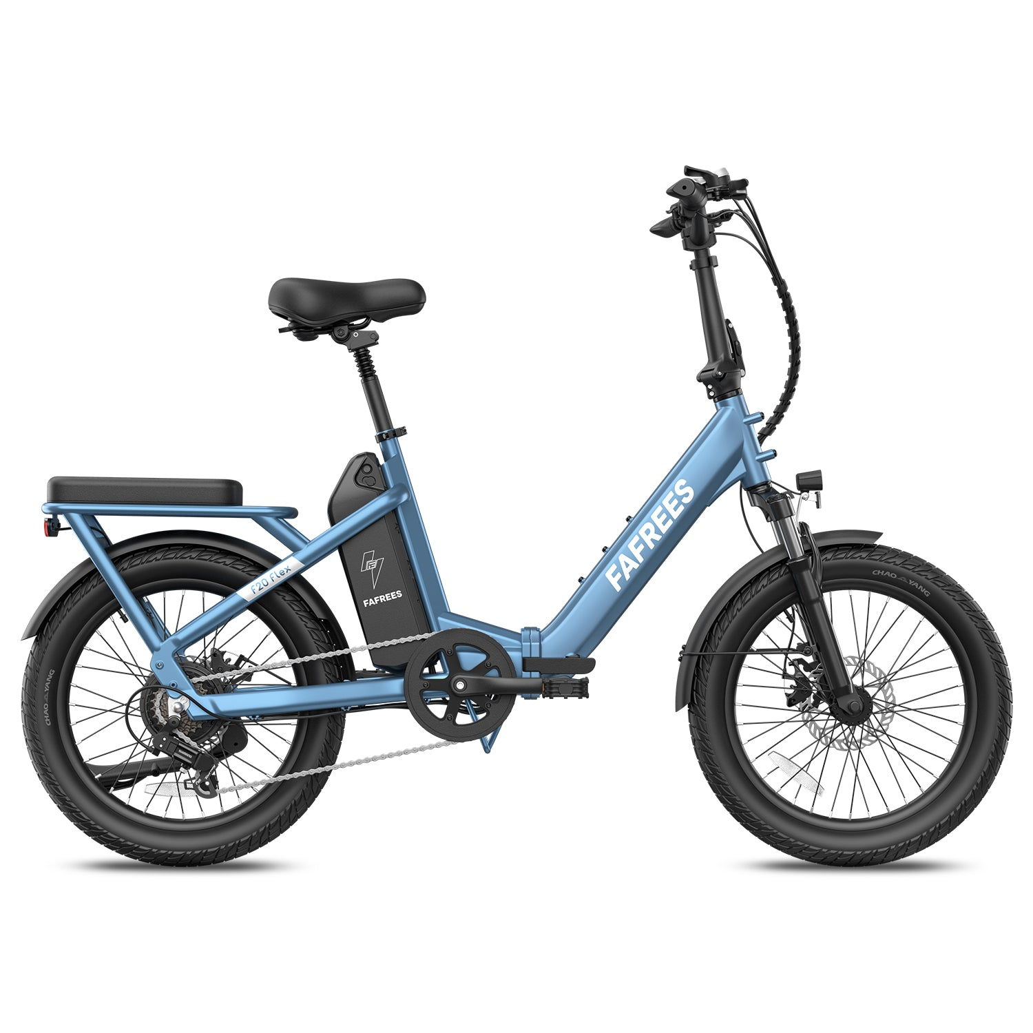 Ein blaues Falt-E-Bike mit schwarzem Sattel, Gepäckträger und breiten Reifen.