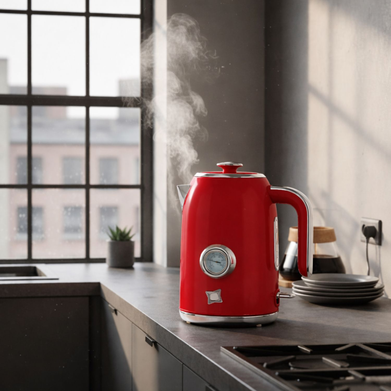 Un bollitore rosso con termometro emana vapore sul piano di lavoro della cucina.