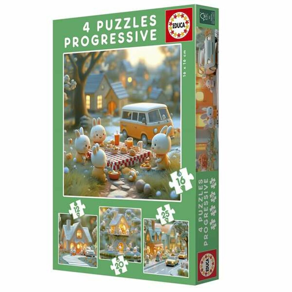 Una caja de rompecabezas con personajes de conejos haciendo un picnic y casas.