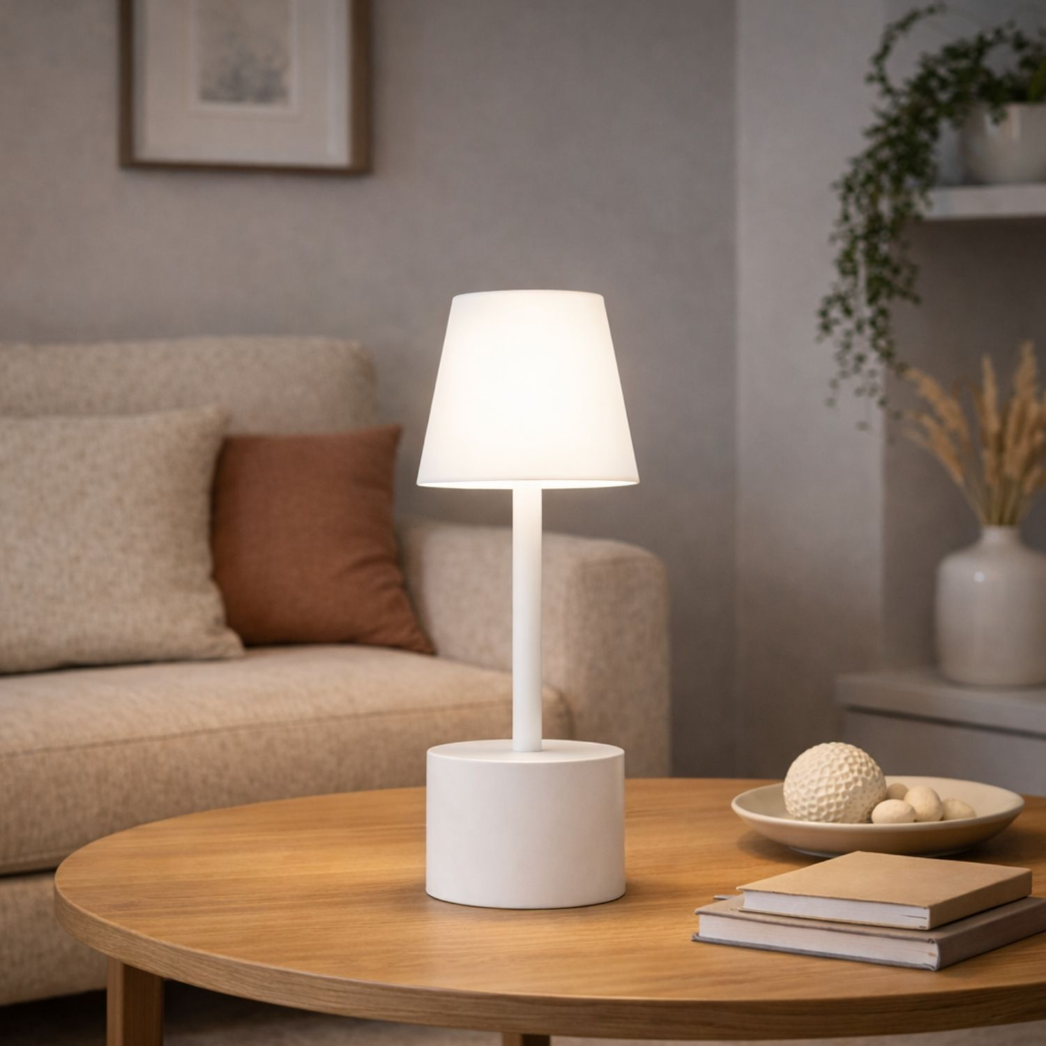 Una lampada bianca su un tavolo di legno con libri e decorazioni.