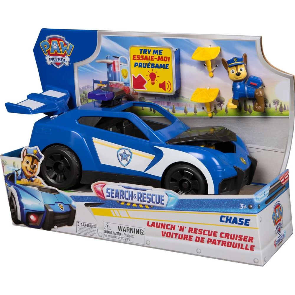 El vehículo azul de Búsqueda y Rescate de Chase de Paw Patrol con figura.
