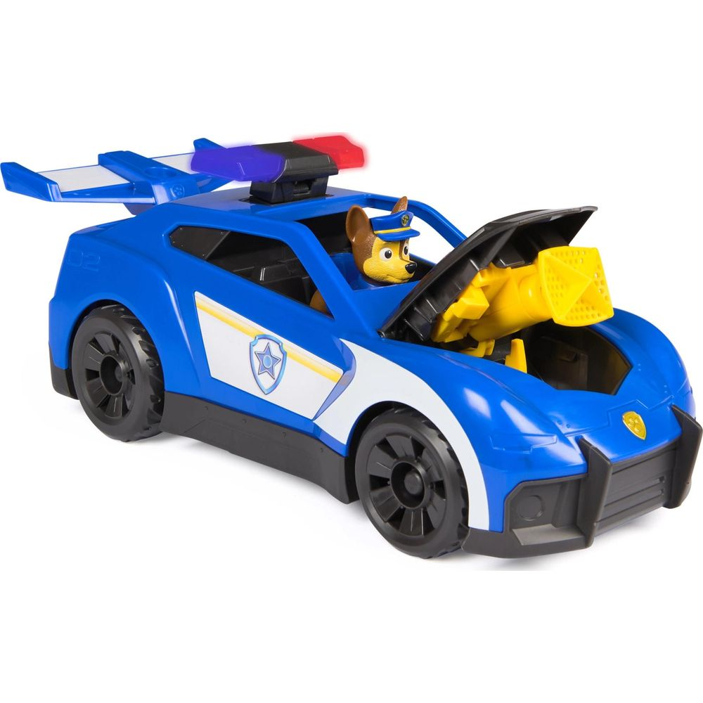 Un coche de policía de juguete azul con Chase y un brazo de garra amarillo.
