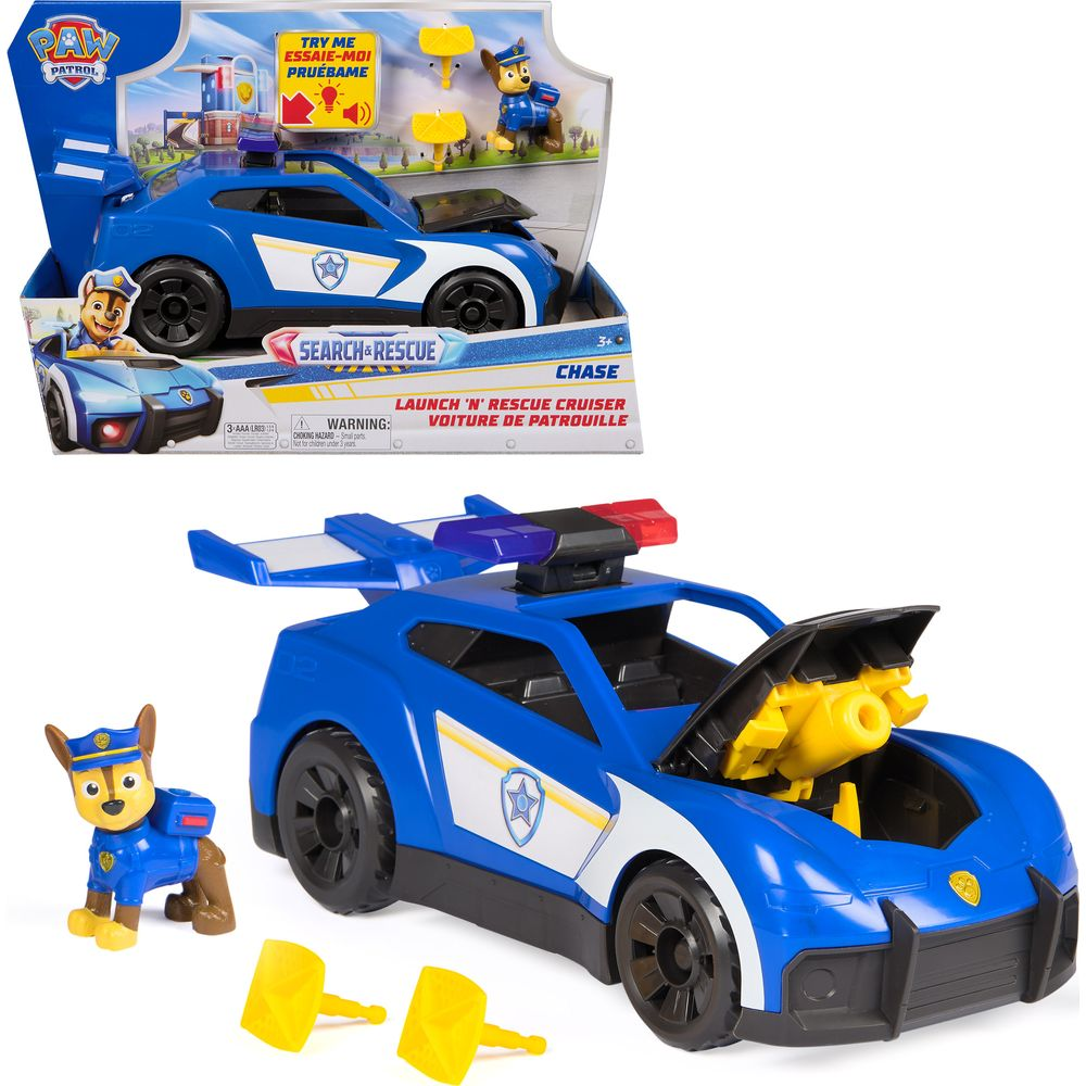Juguete de crucero azul Paw Patrol Chase con figura de Chase y martillos amarillos.