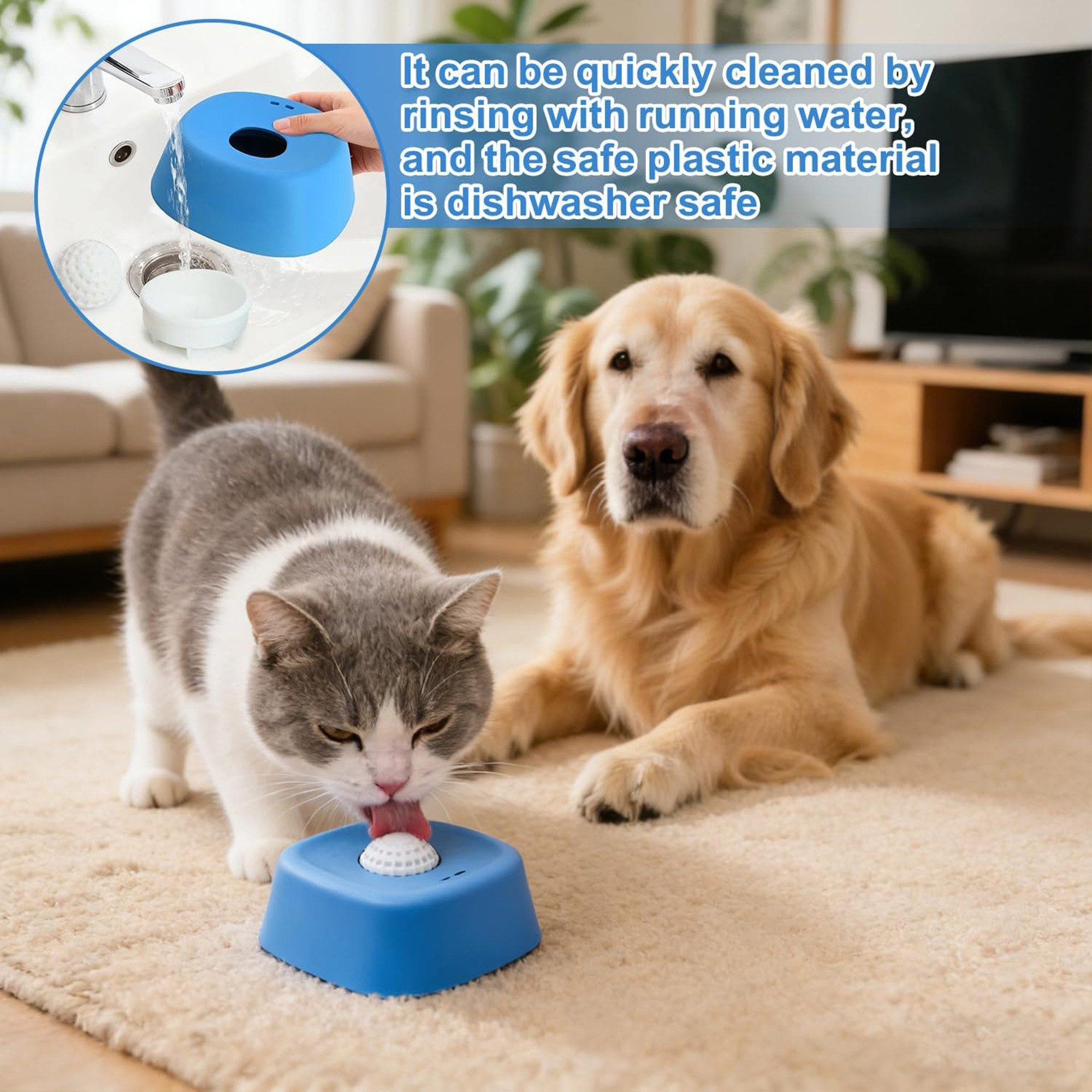 Eine Katze trinkt aus einem blauen Napf, ein Hund liegt daneben.