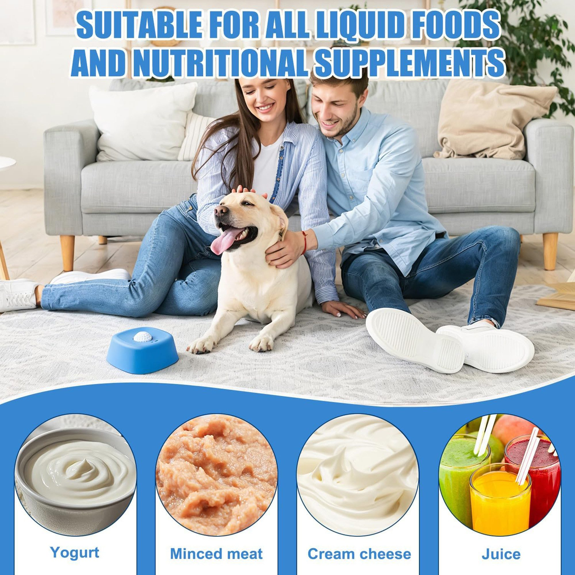 Ein Paar streichelt einen Hund, daneben verschiedene Lebensmittel wie Joghurt und Saft.