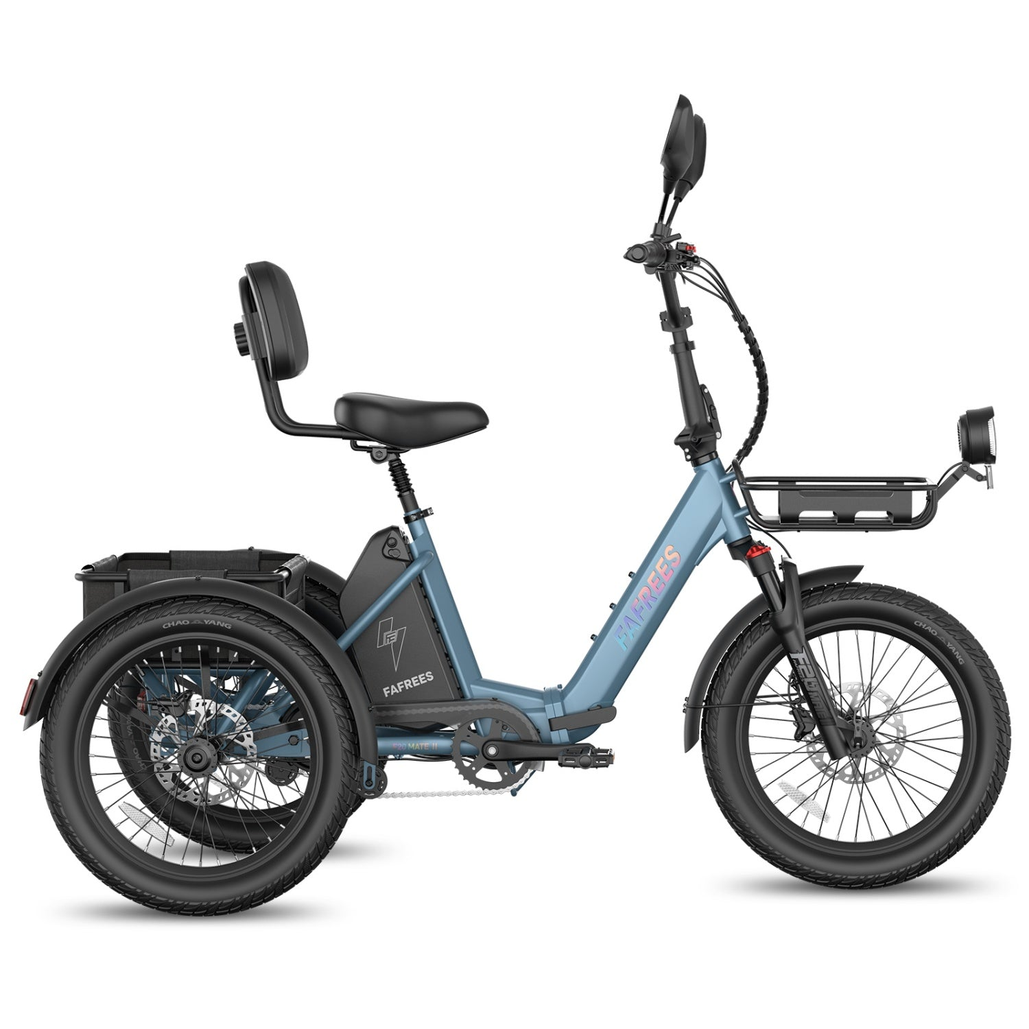 Blaues Dreirad-Elektrofahrrad mit Gepäckträger, Batterie und Rücksitz.