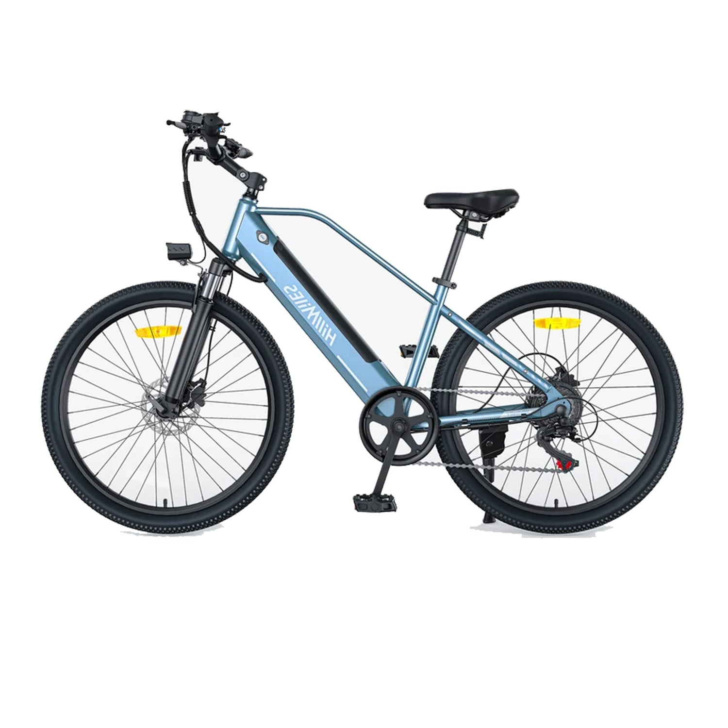Ein blaues Elektrofahrrad mit schwarzen Reifen und Felgen, einem schwarzen Sattel und Lenker.