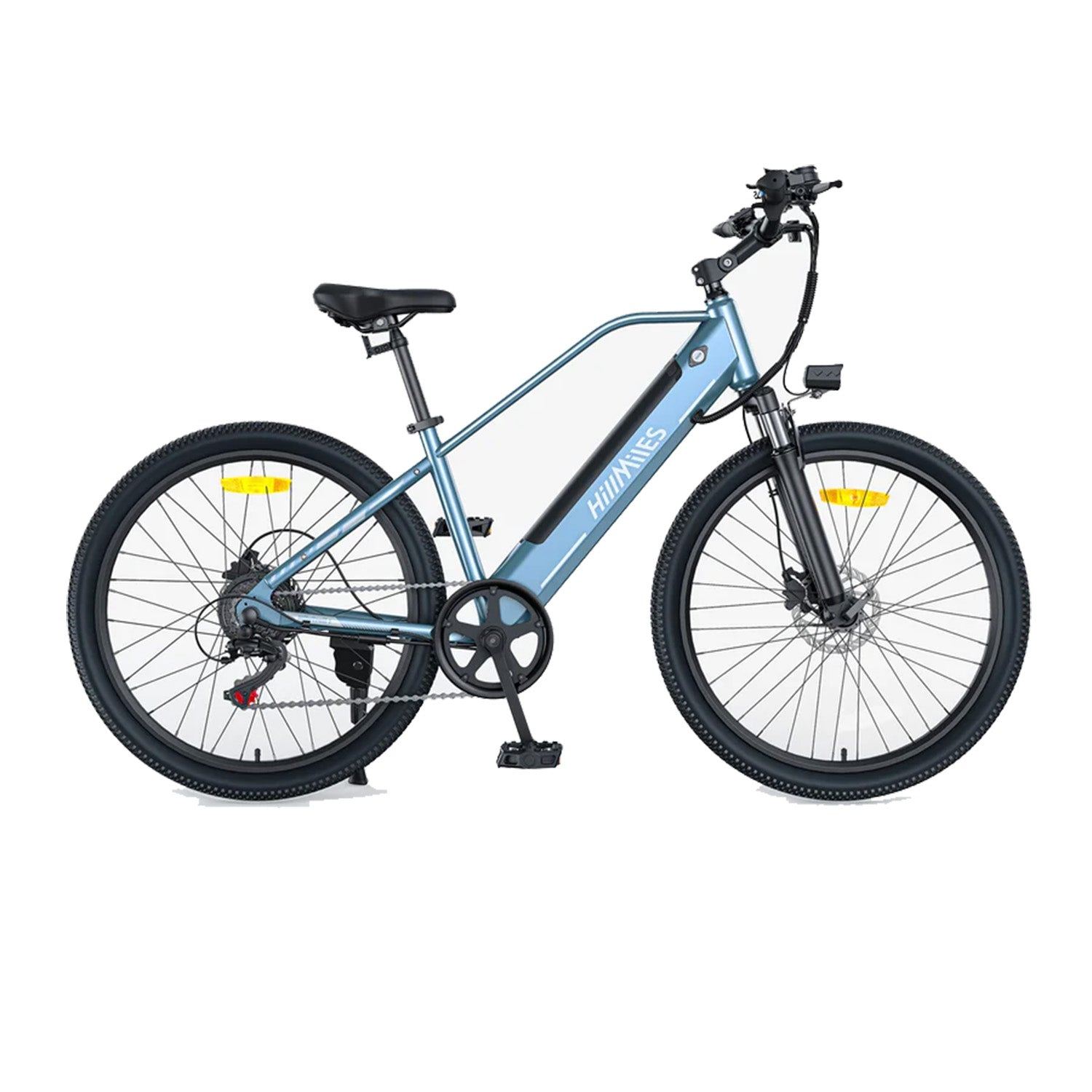 Ein blaues E-Bike mit schwarzen Reifen, Sattel und Lenker.