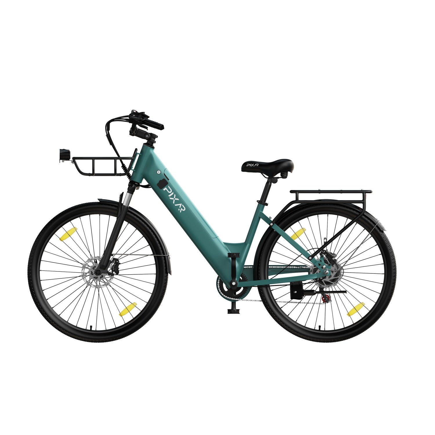 Ein türkisfarbener Pixr-Elektrofahrrad mit Gepäckträger vorne und hinten.