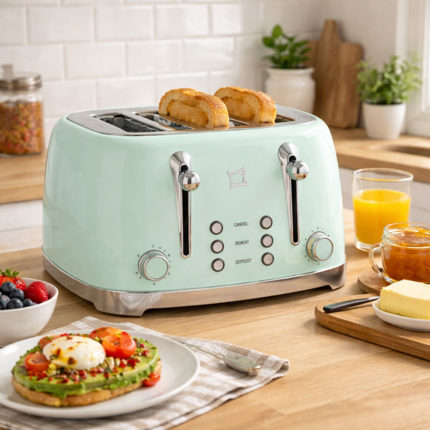 Un tostapane verde menta con toast, accanto burro, marmellata e succo.