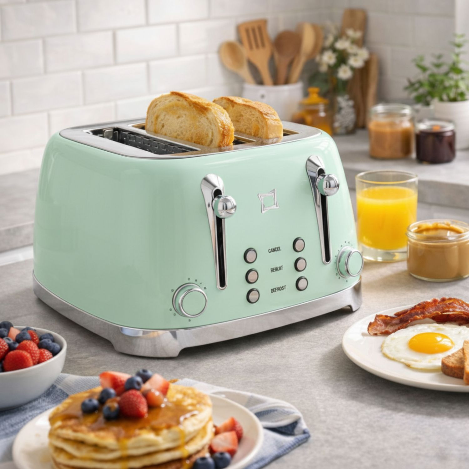 Un tostapane retrò verde menta con toast, accanto una colazione con uovo fritto, pancetta e pancake.