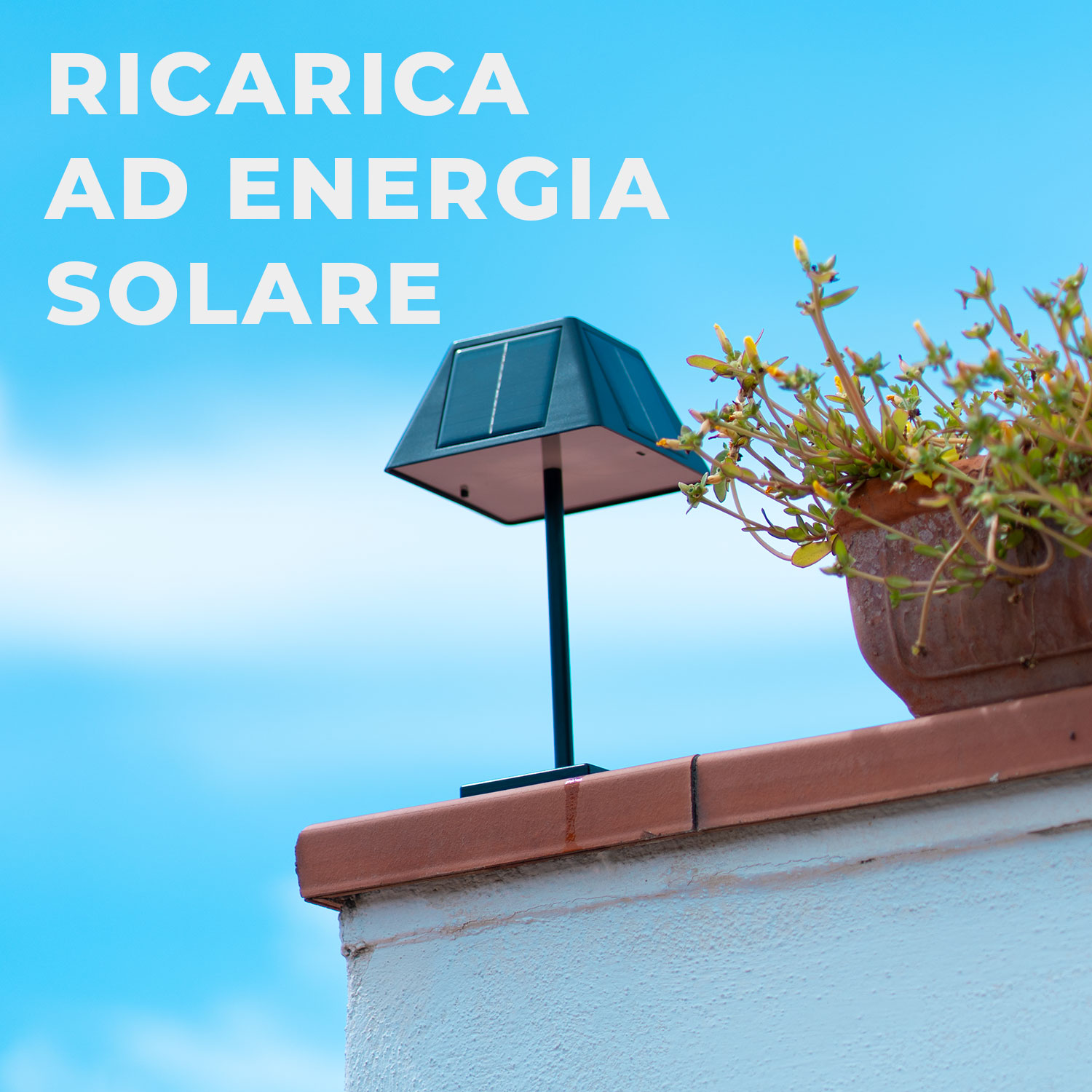 Lampada solare su un tetto con cielo blu e piante.