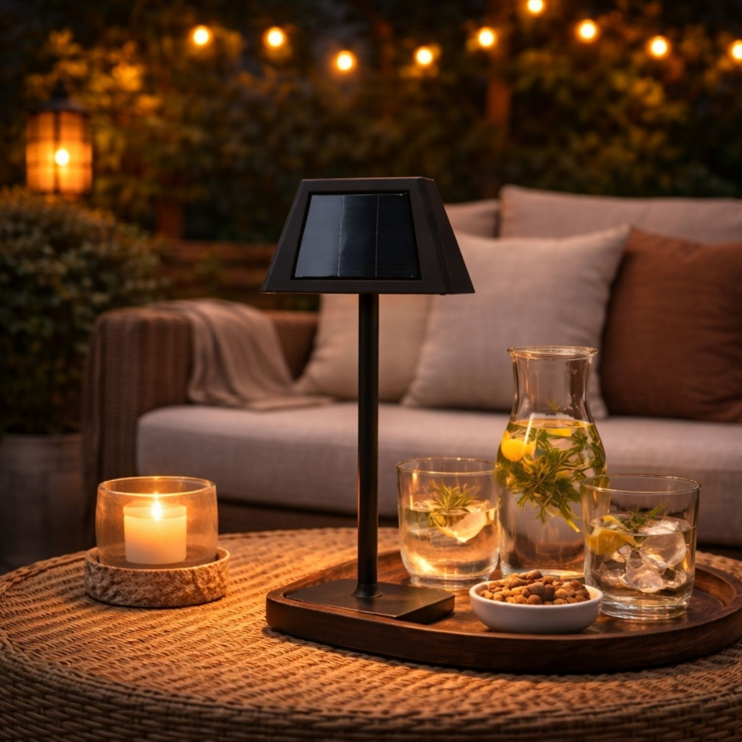 Un tavolo da giardino con candela, luce solare, bevande e snack di notte.